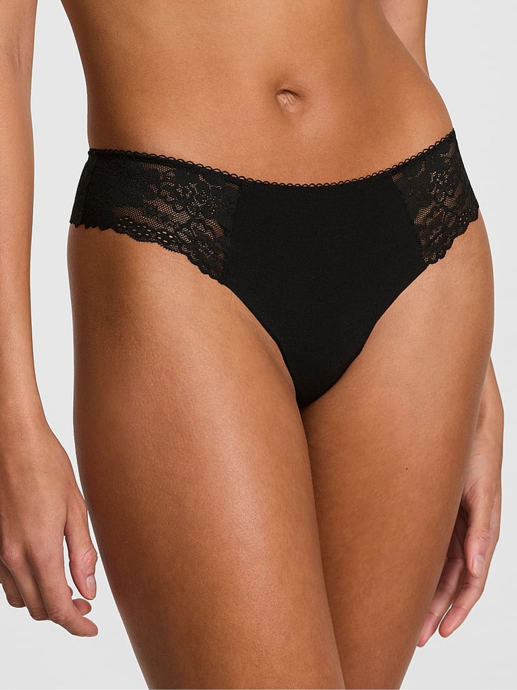 Black Thong No Show Lace Trim Knickers - Image 1 of 3
