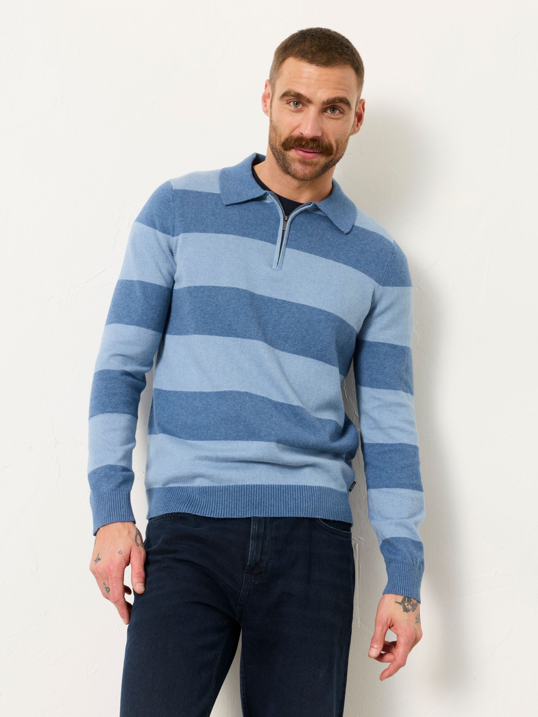 Rye Blue Denim Tonal Stripe Polo Jumper - Image 1 of 6