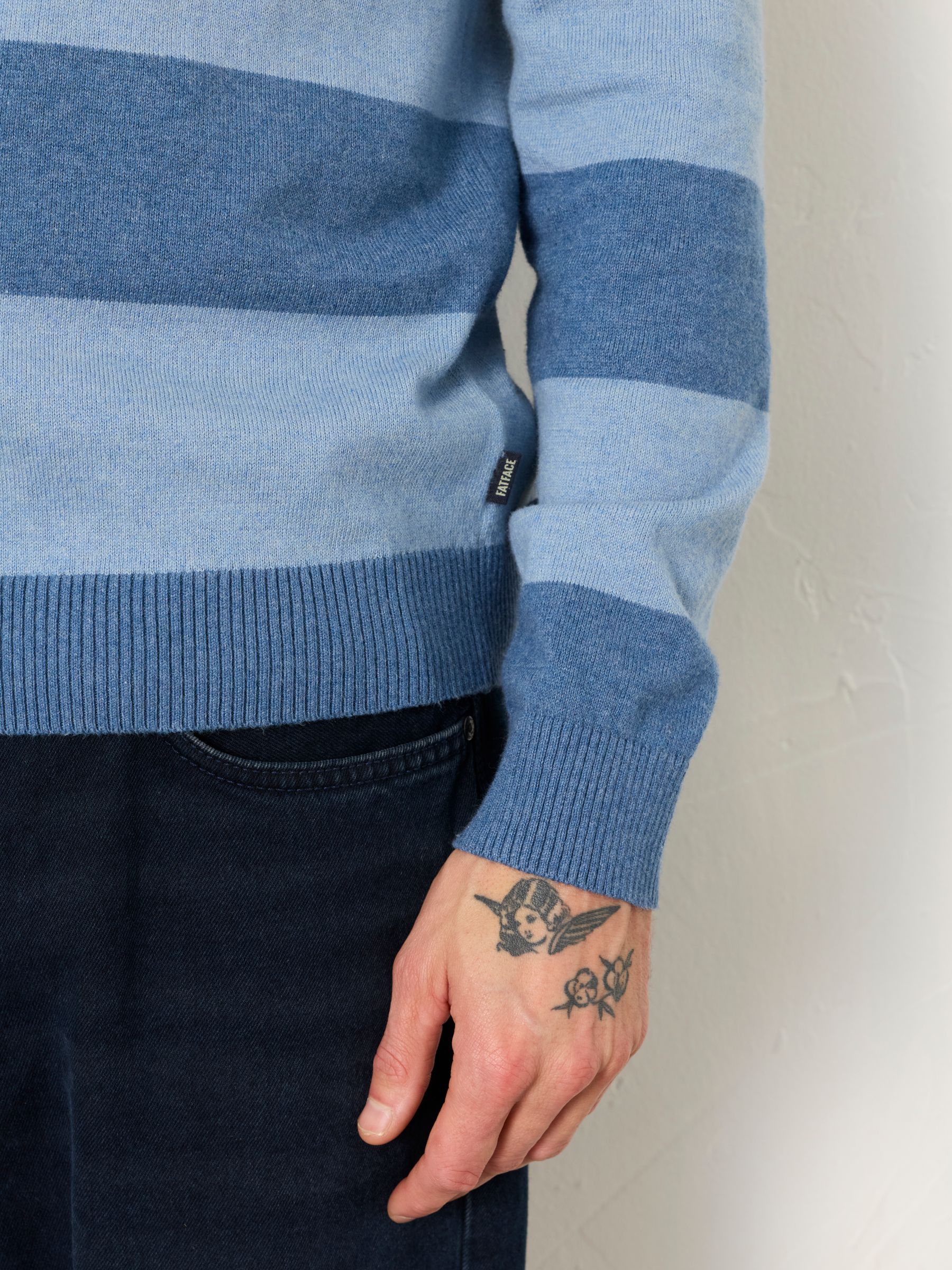 Rye Blue Denim Tonal Stripe Polo Jumper - Image 3 of 6