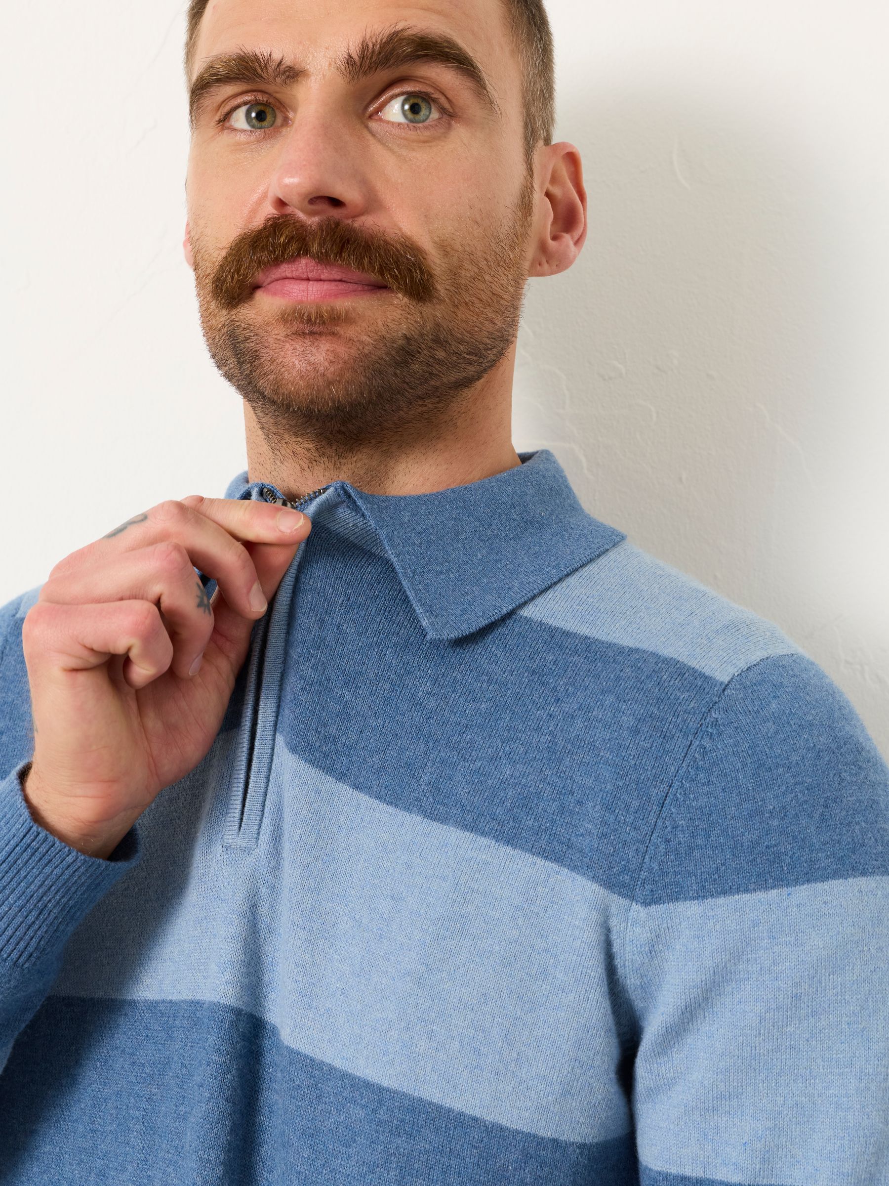 Rye Blue Denim Tonal Stripe Polo Jumper - Image 4 of 6