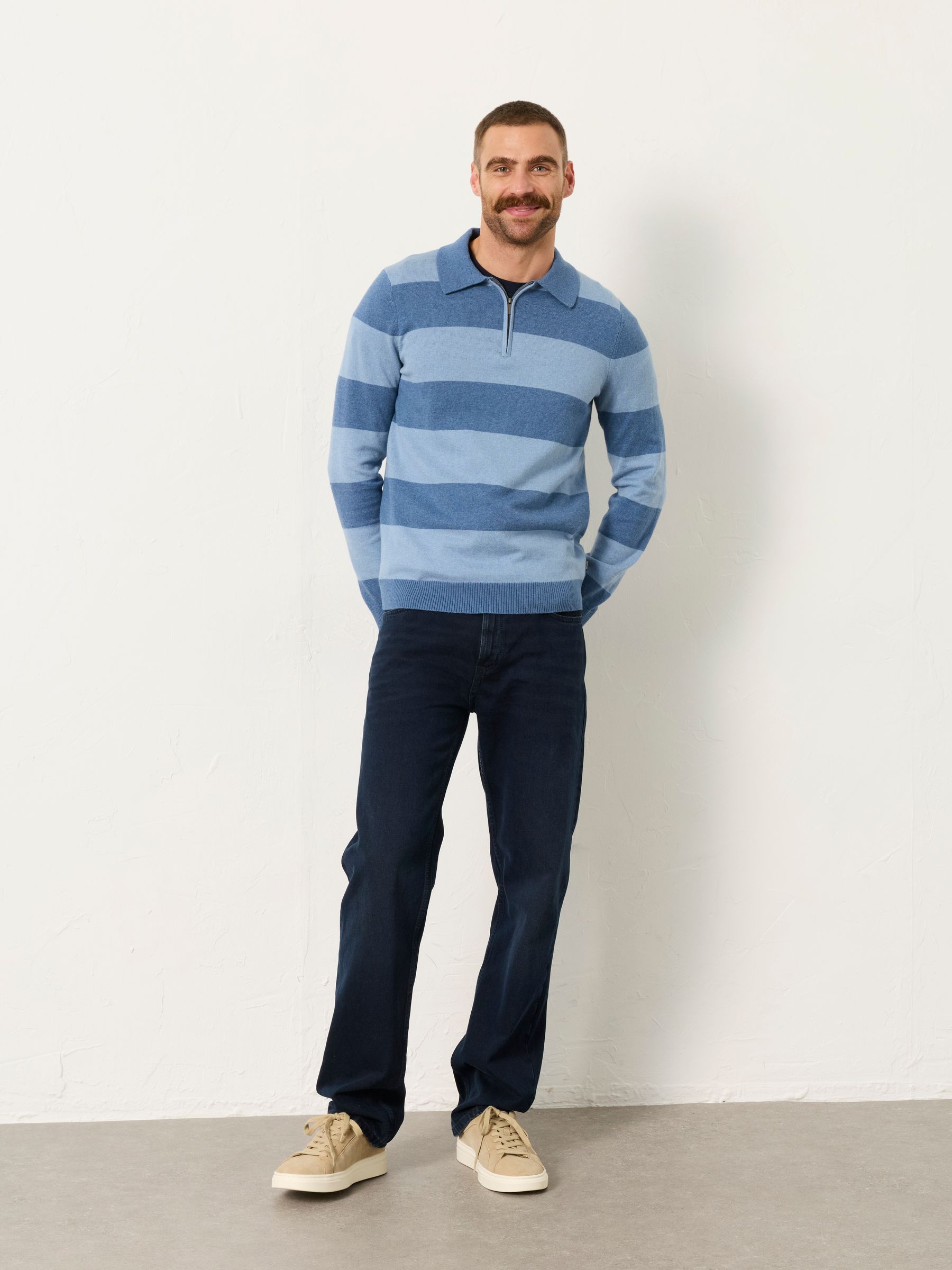 Rye Blue Denim Tonal Stripe Polo Jumper - Image 5 of 6