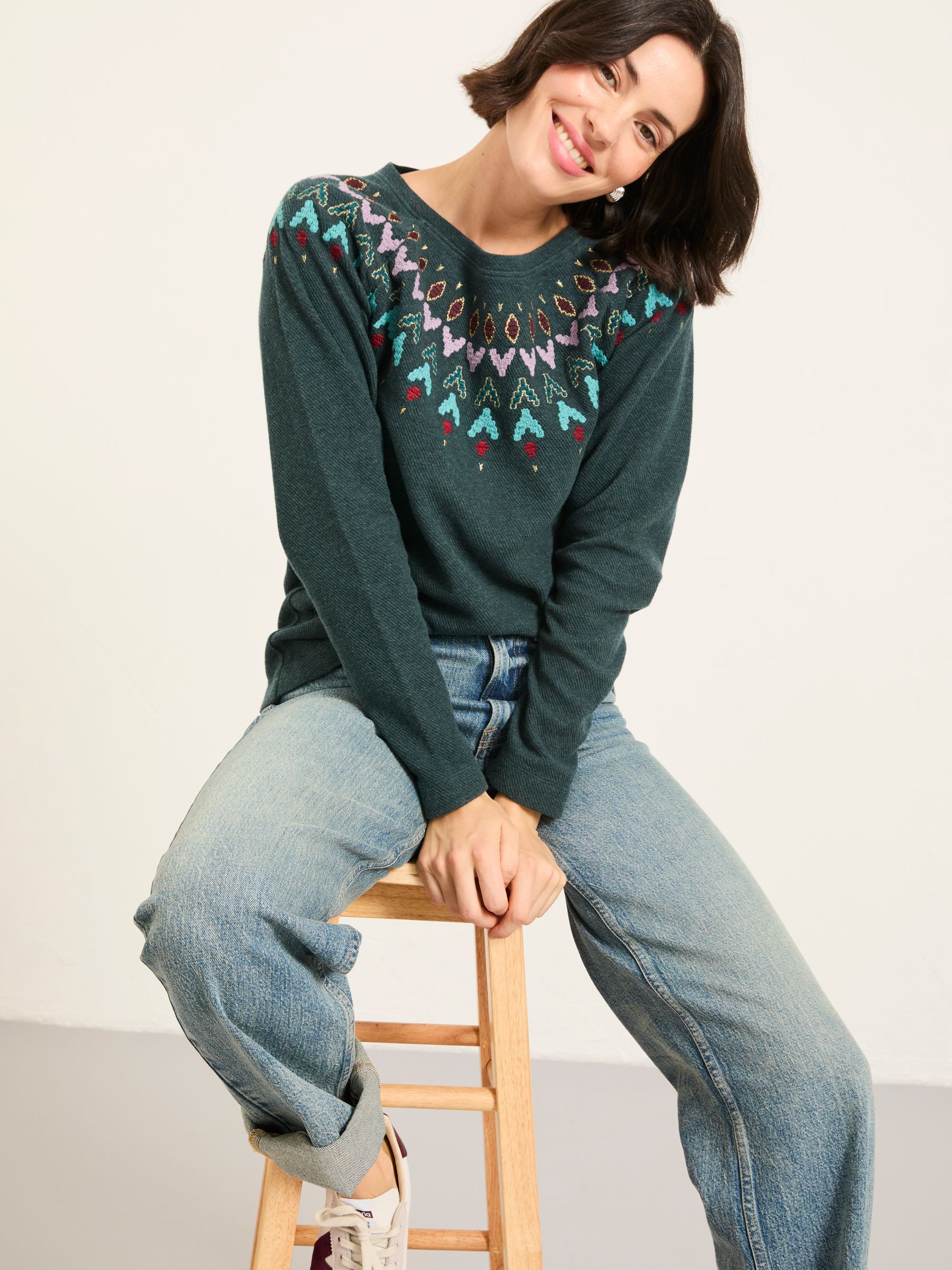 Teal Blue Embroidered Fairisle Crew Sweatshirt - Image 3 of 5