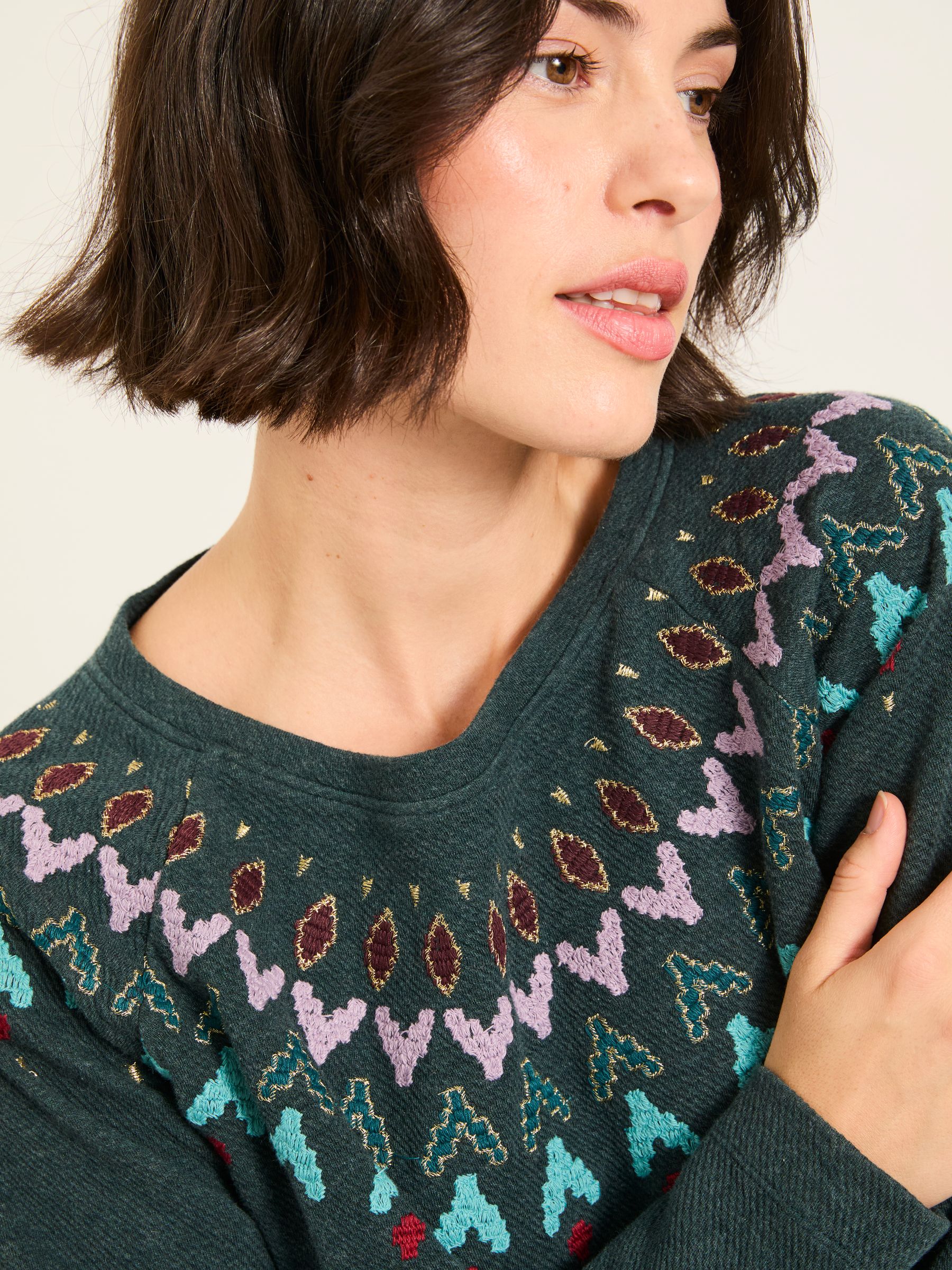 Teal Blue Embroidered Fairisle Crew Sweatshirt - Image 4 of 5