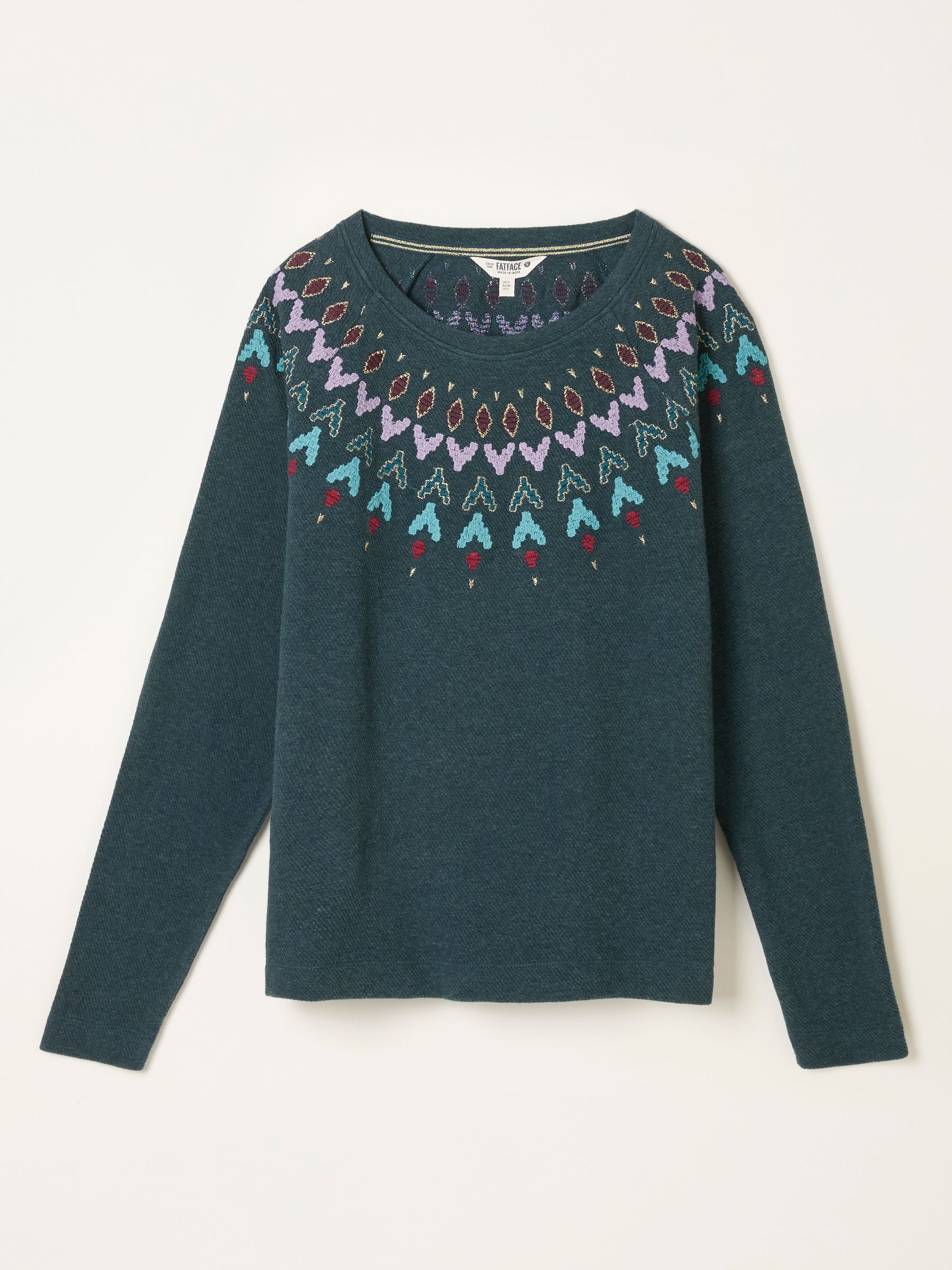 Teal Blue Embroidered Fairisle Crew Sweatshirt - Image 5 of 5
