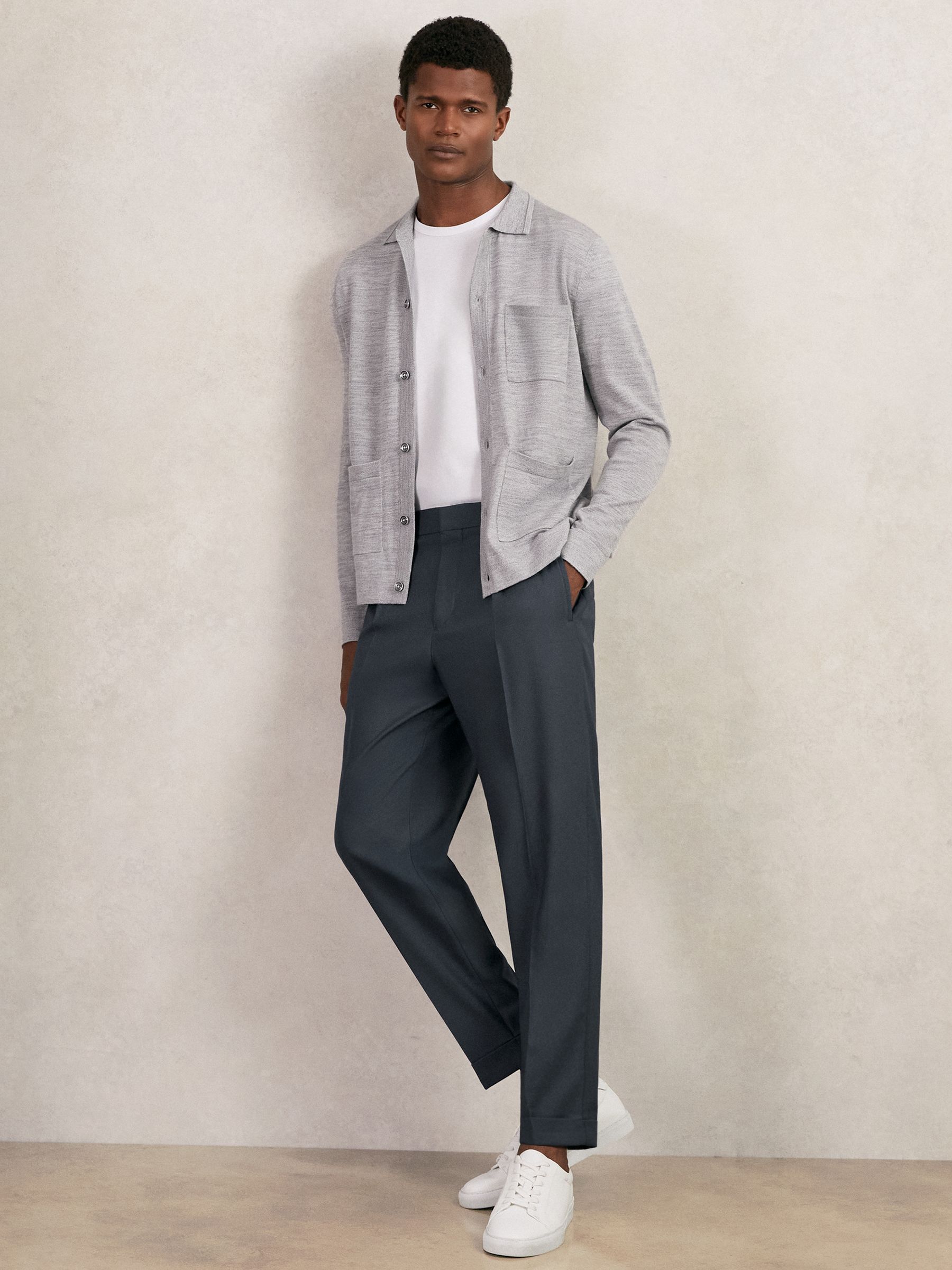Relaxed Drawstring Trousers with Turn-Ups in Steel Blue - Image 1 of 7