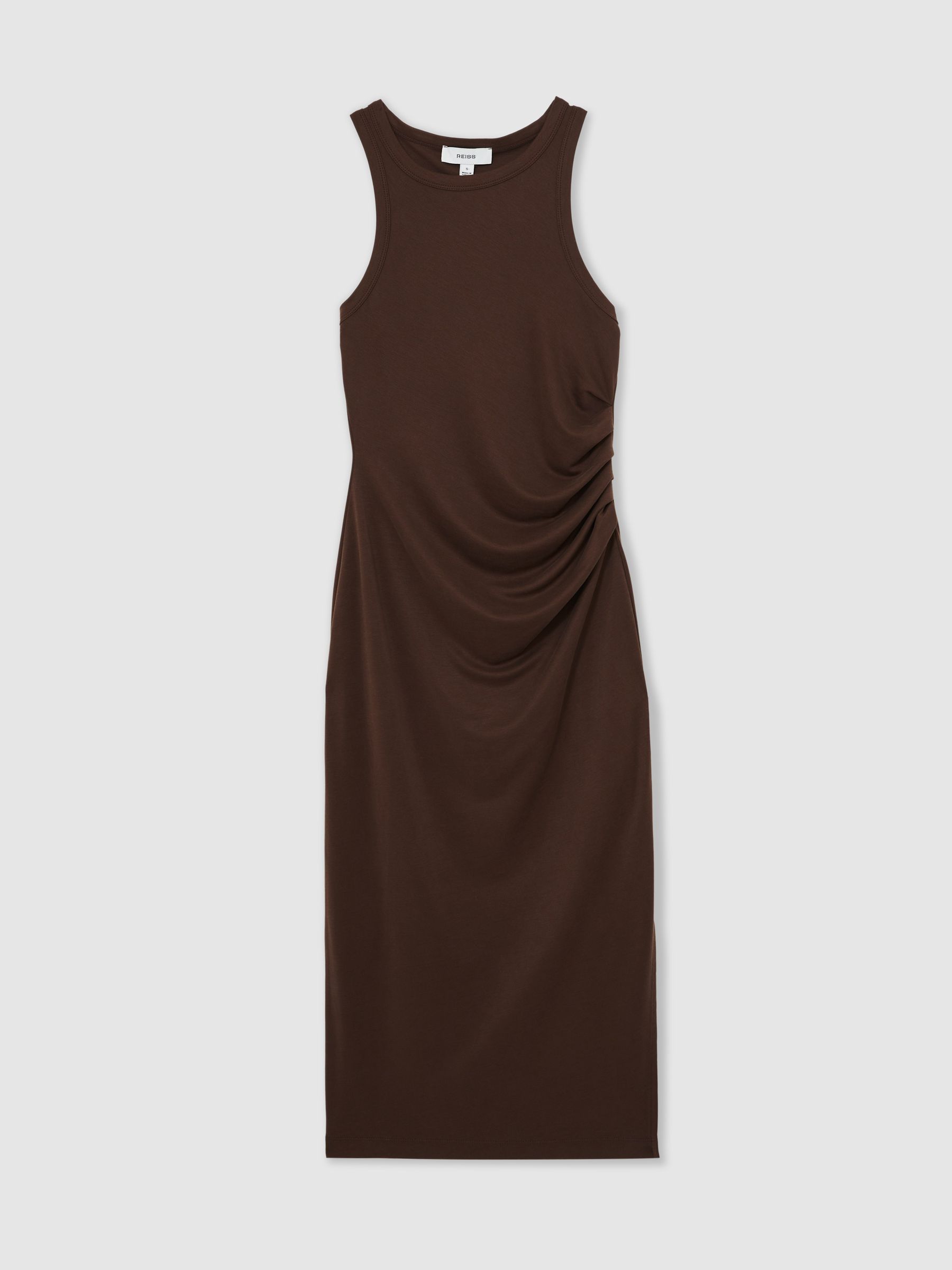 Jersey Ruched Racer Midi Dress in Chocolate Brown - Image 2 of 6