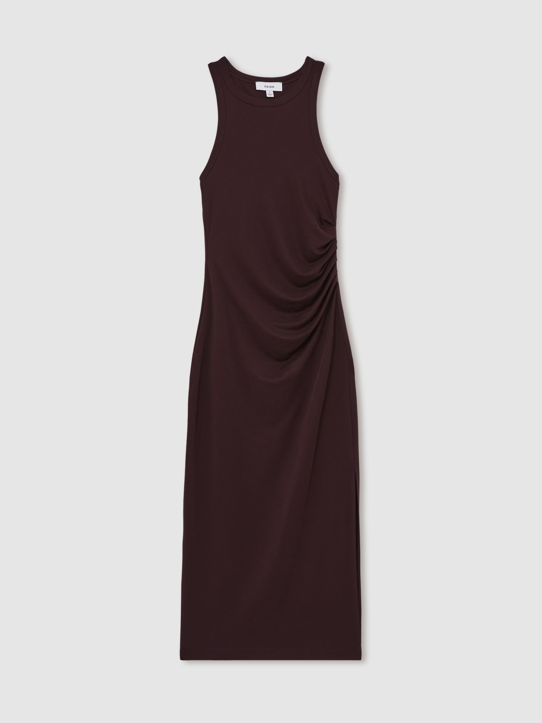 Jersey Ruched Racer Midi Dress in Burgundy - Image 2 of 5