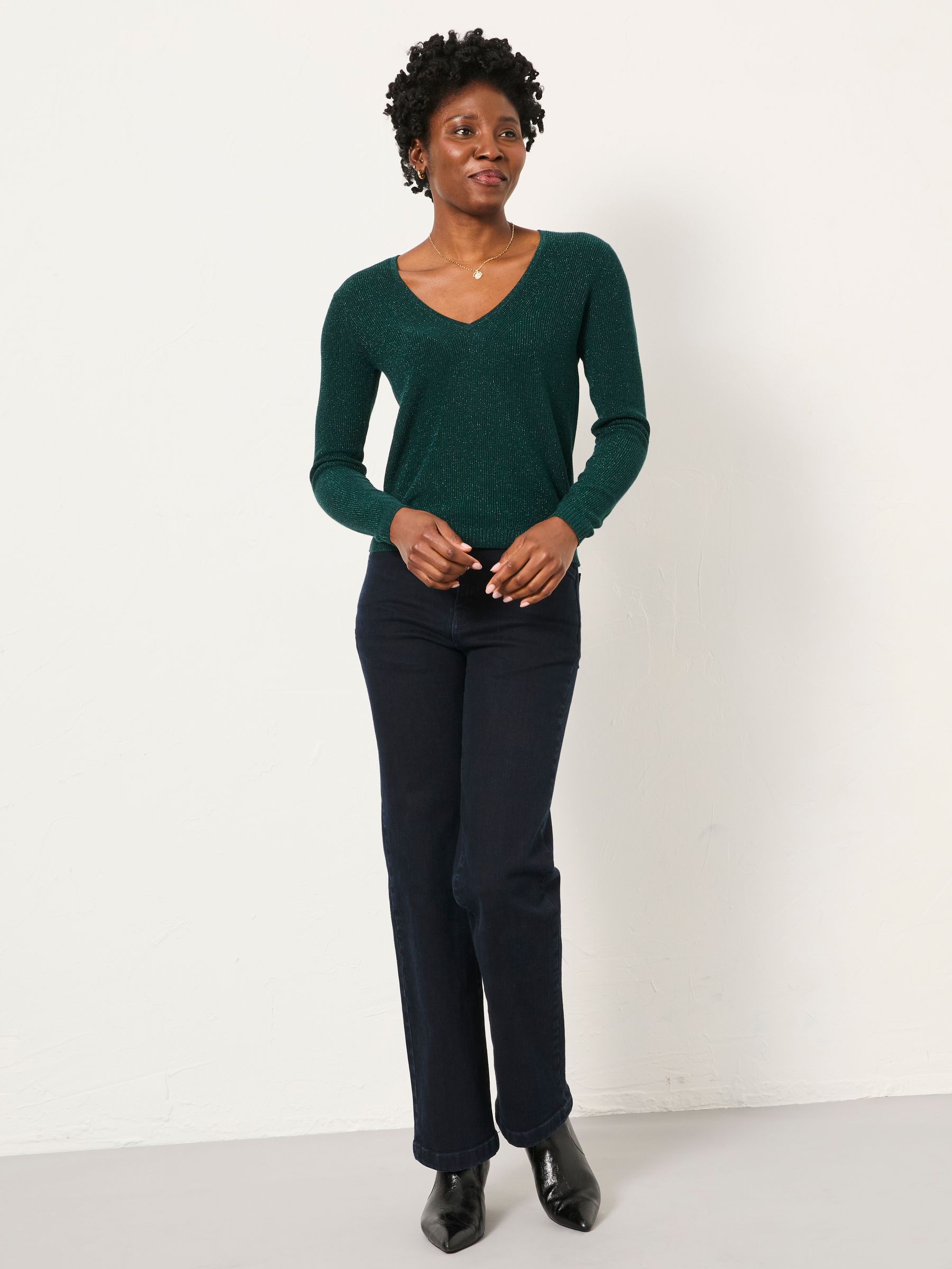Ada Dark Teal Sparkle V Neck Knitted Jumper - Image 4 of 6