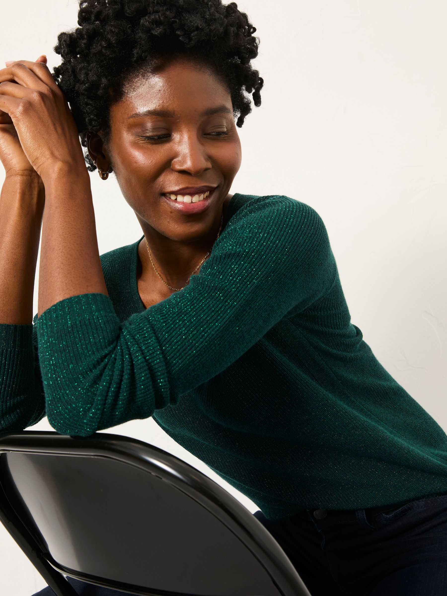 Ada Dark Teal Sparkle V Neck Knitted Jumper - Image 5 of 6