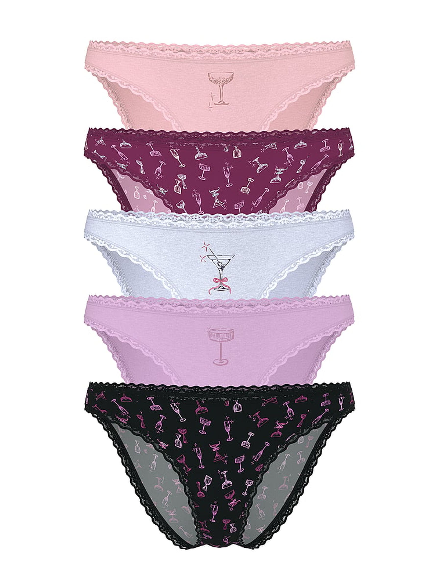 Pink/Purple/Blue/Black Bikini 5 Pack Cotton Lace Trim Knickers - Image 1 of 2