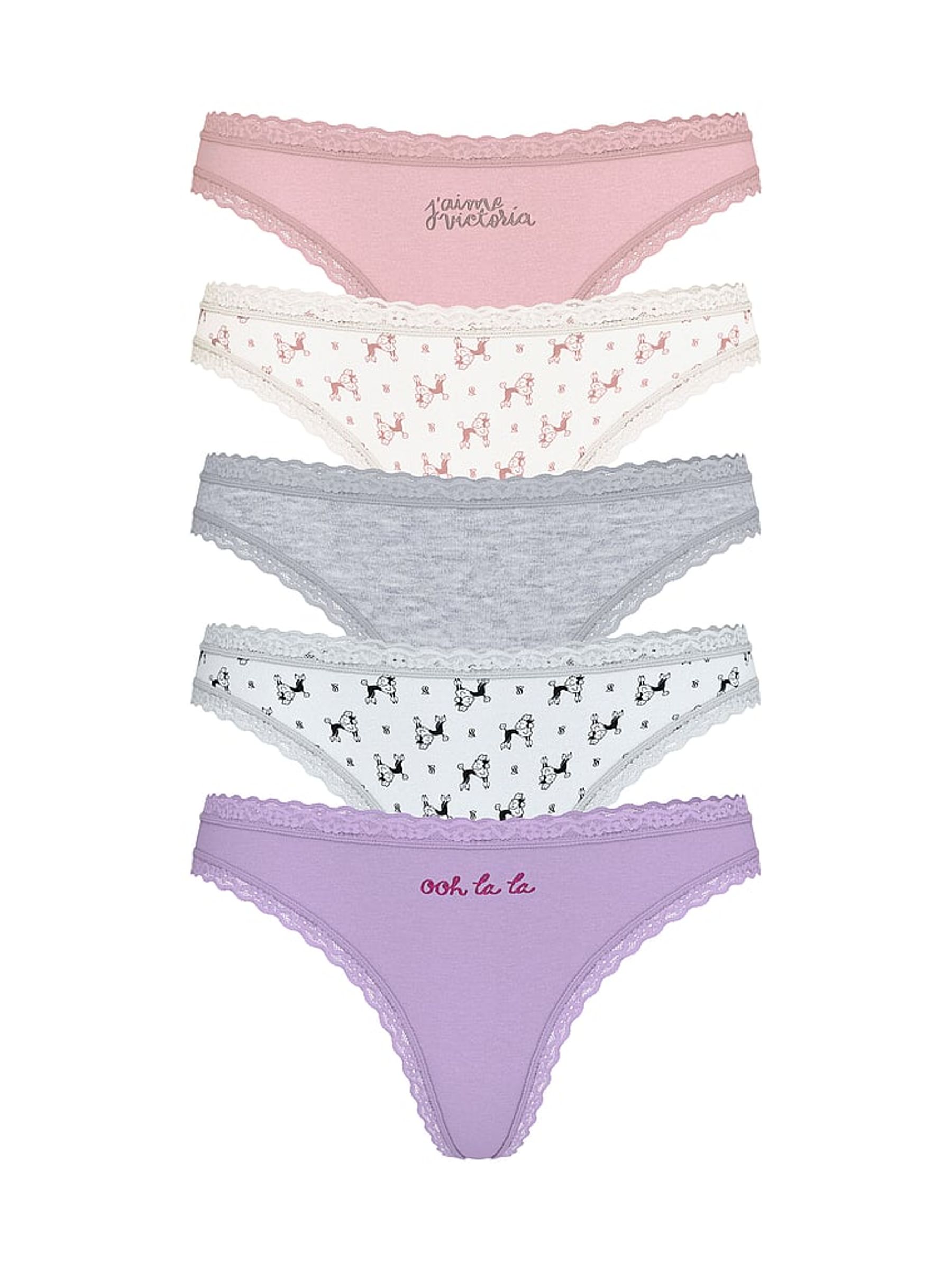 Pink/White/Grey/Blue/Purple Thong 5 Pack Cotton Lace Trim Knickers - Image 1 of 2