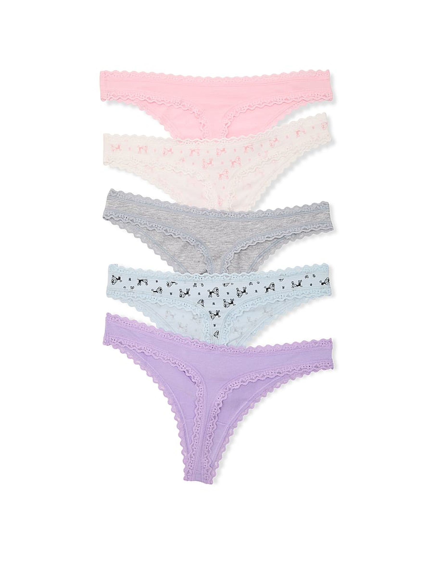 Pink/White/Grey/Blue/Purple Thong 5 Pack Cotton Lace Trim Knickers - Image 2 of 2