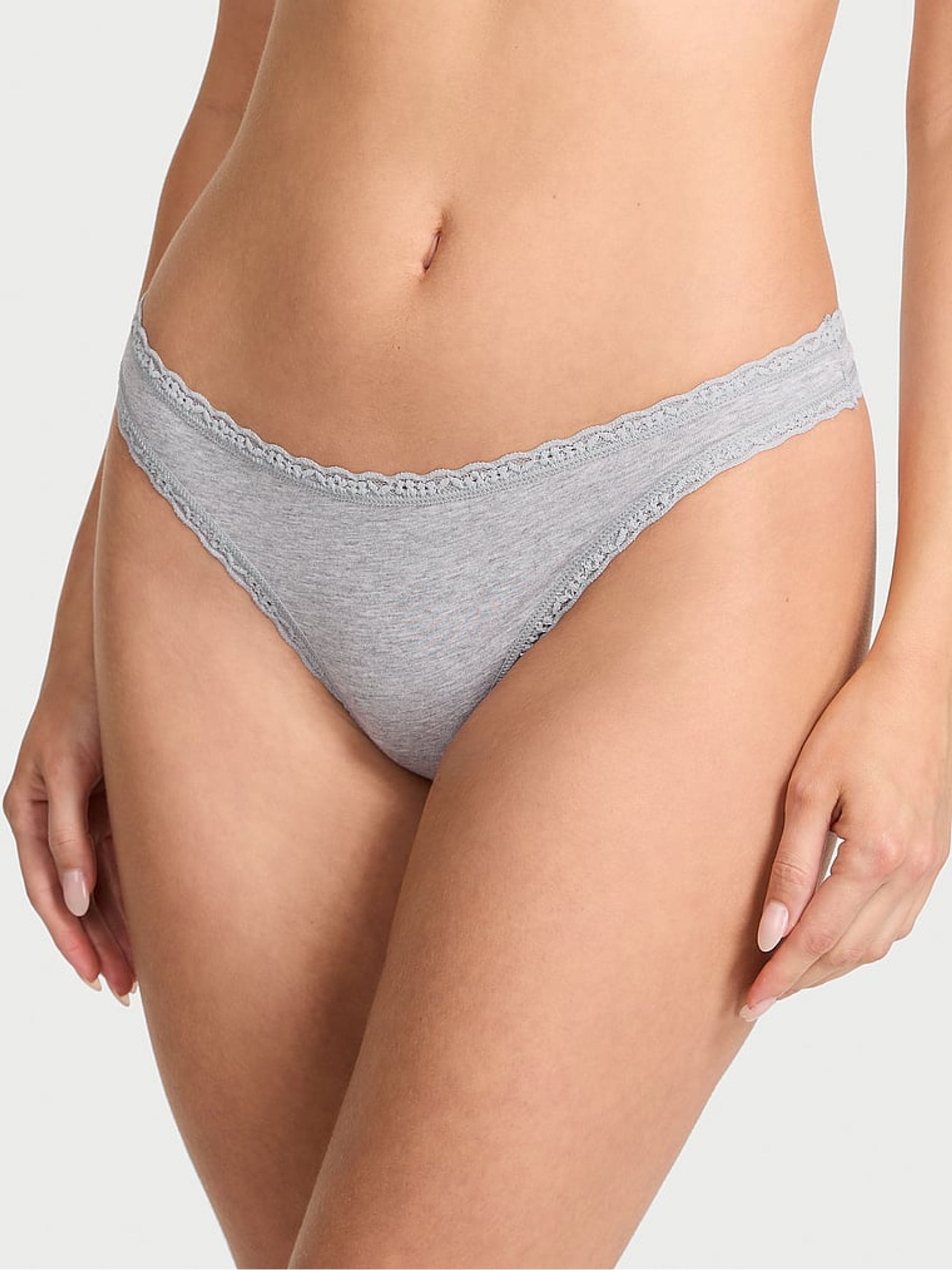 Pink/White/Grey/Blue/Purple Thong 5 Pack Cotton Lace Trim Knickers - Image 3 of 4