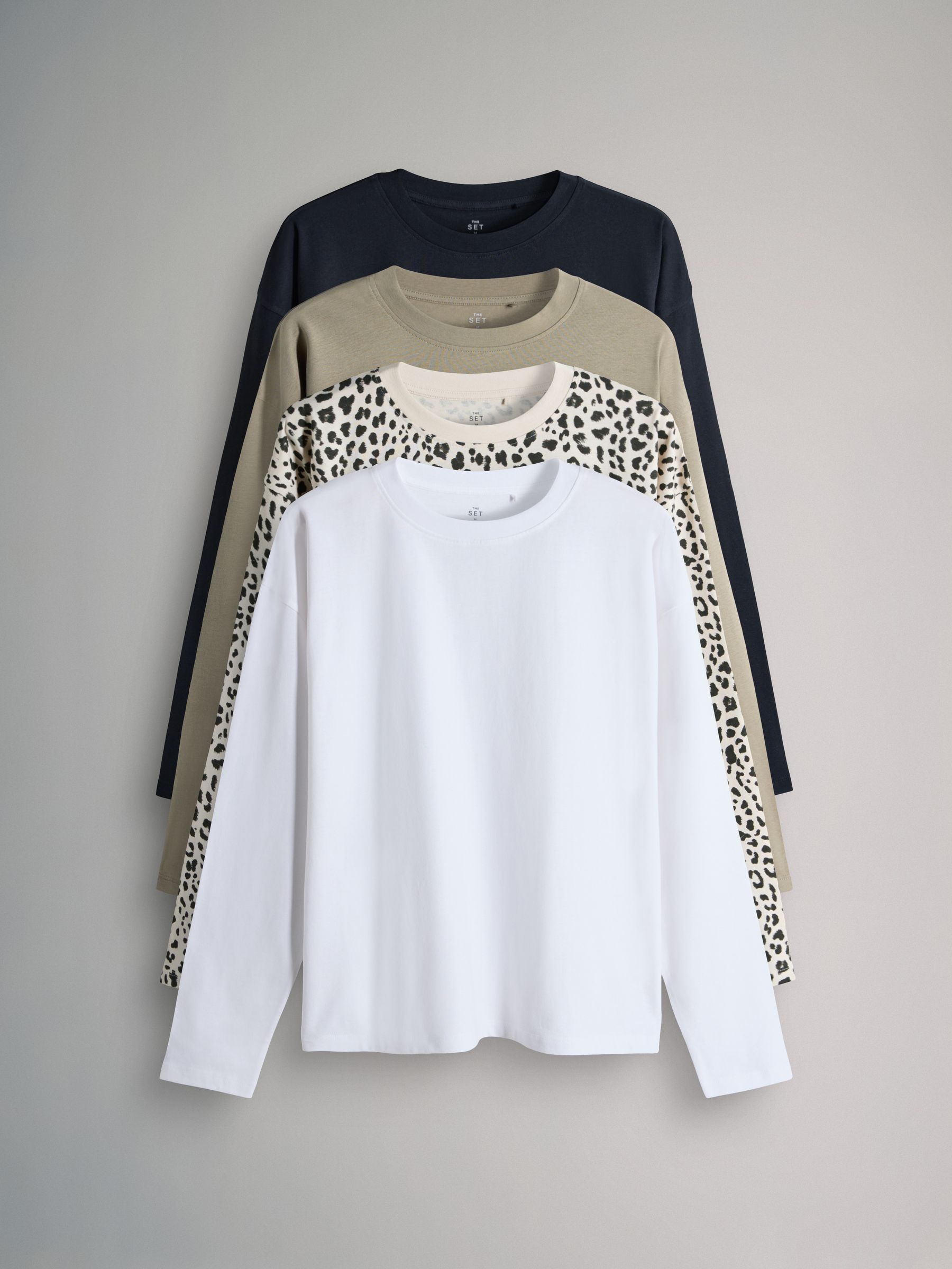 Black/Khaki Green/Animal/White - 4 Pack Relaxed Long Sleeve T-Shirts - Image 1 of 7