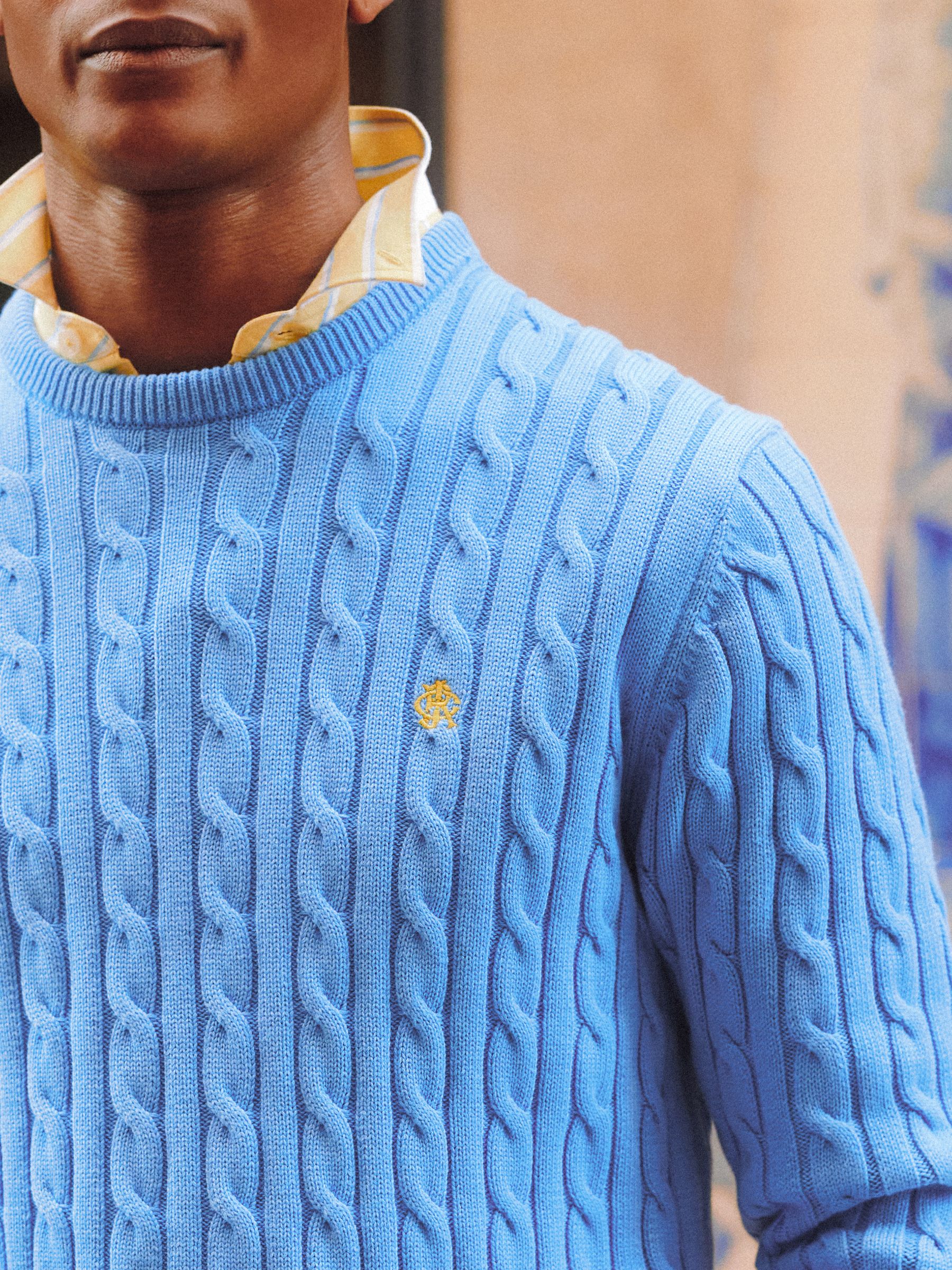 Light Blue Crew Neck Cotton Cable Knit Jumper | Joules