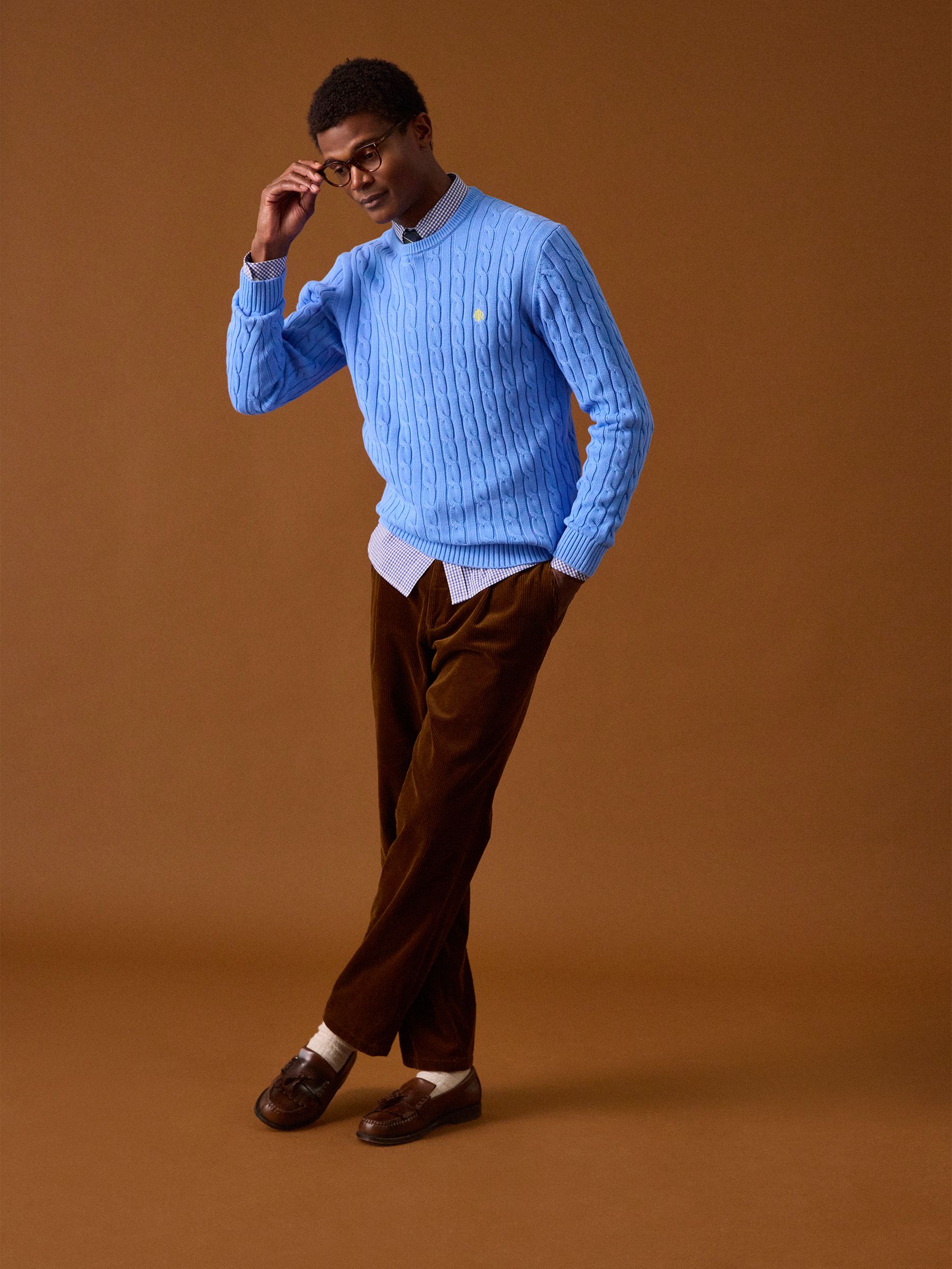 Light Blue Crew Neck Cotton Cable Knit Jumper - Image 3 of 11