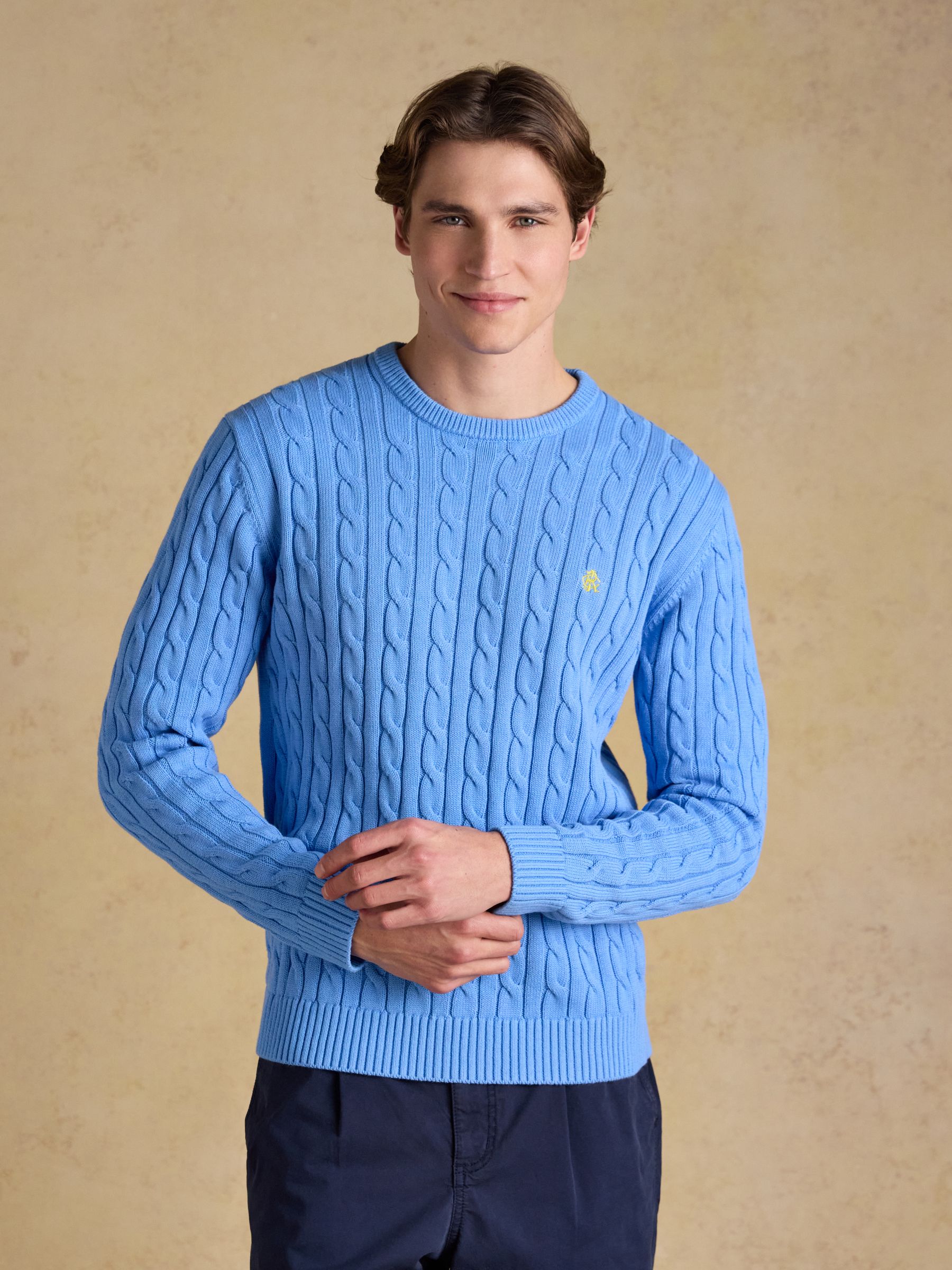 Light Blue Crew Neck Cotton Cable Knit Jumper - Image 4 of 11