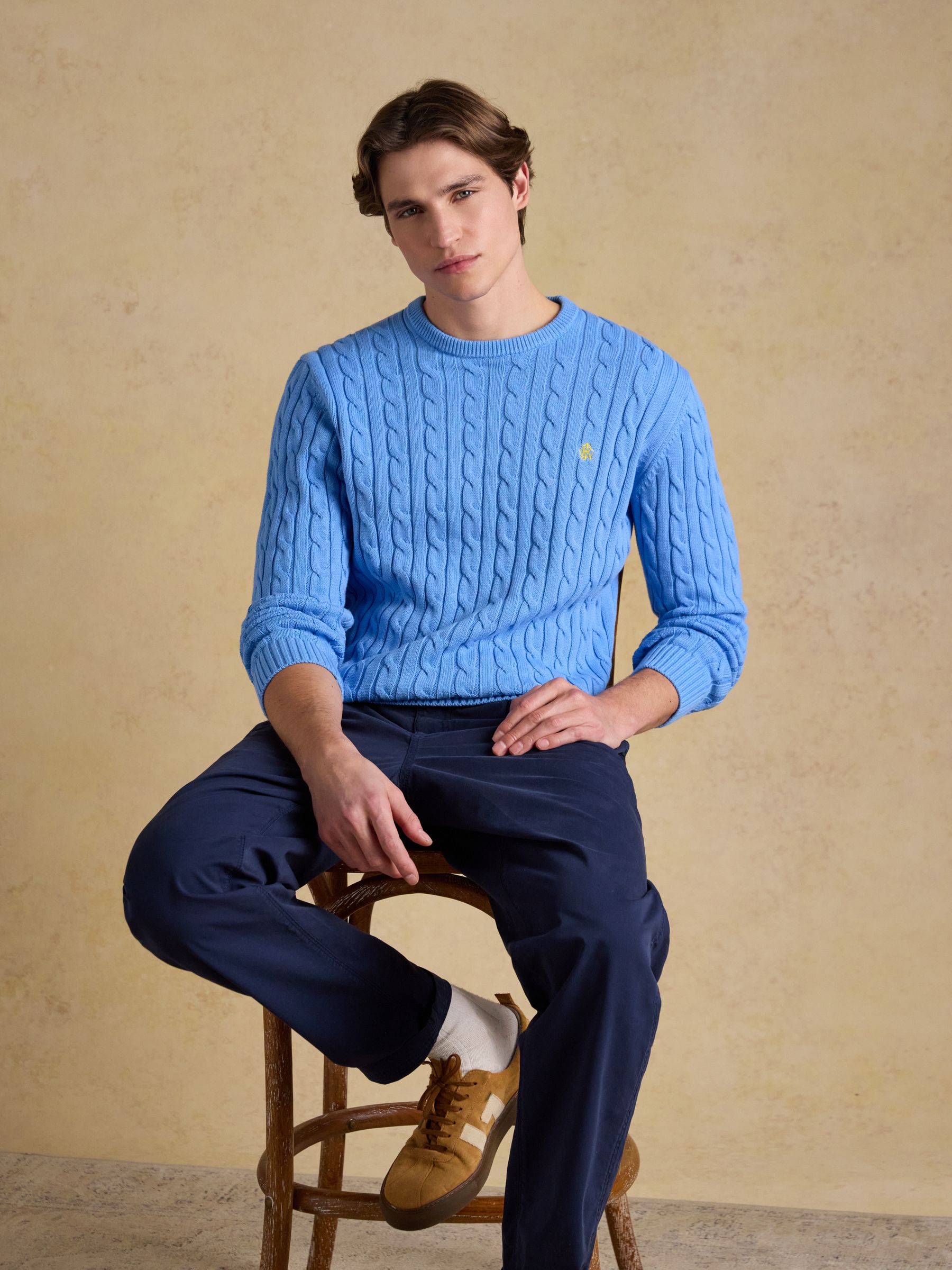 Light Blue Crew Neck Cotton Cable Knit Jumper - Image 6 of 11