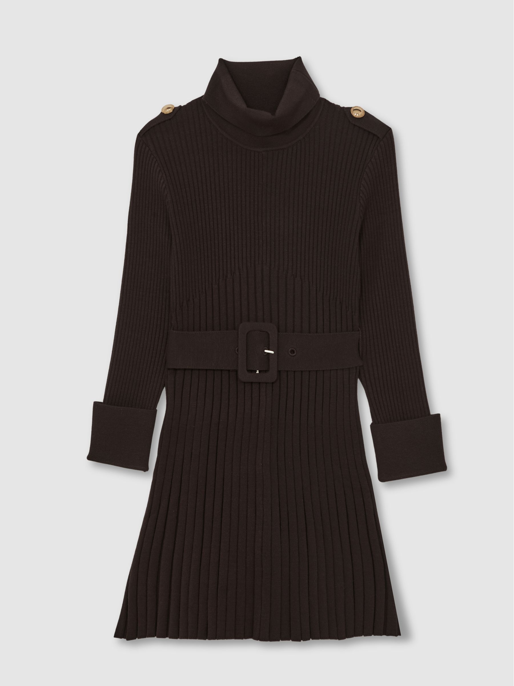 9-13 yrs Rib-Knit Roll-Neck Belted Dress in Chocolate - Image 2 of 5