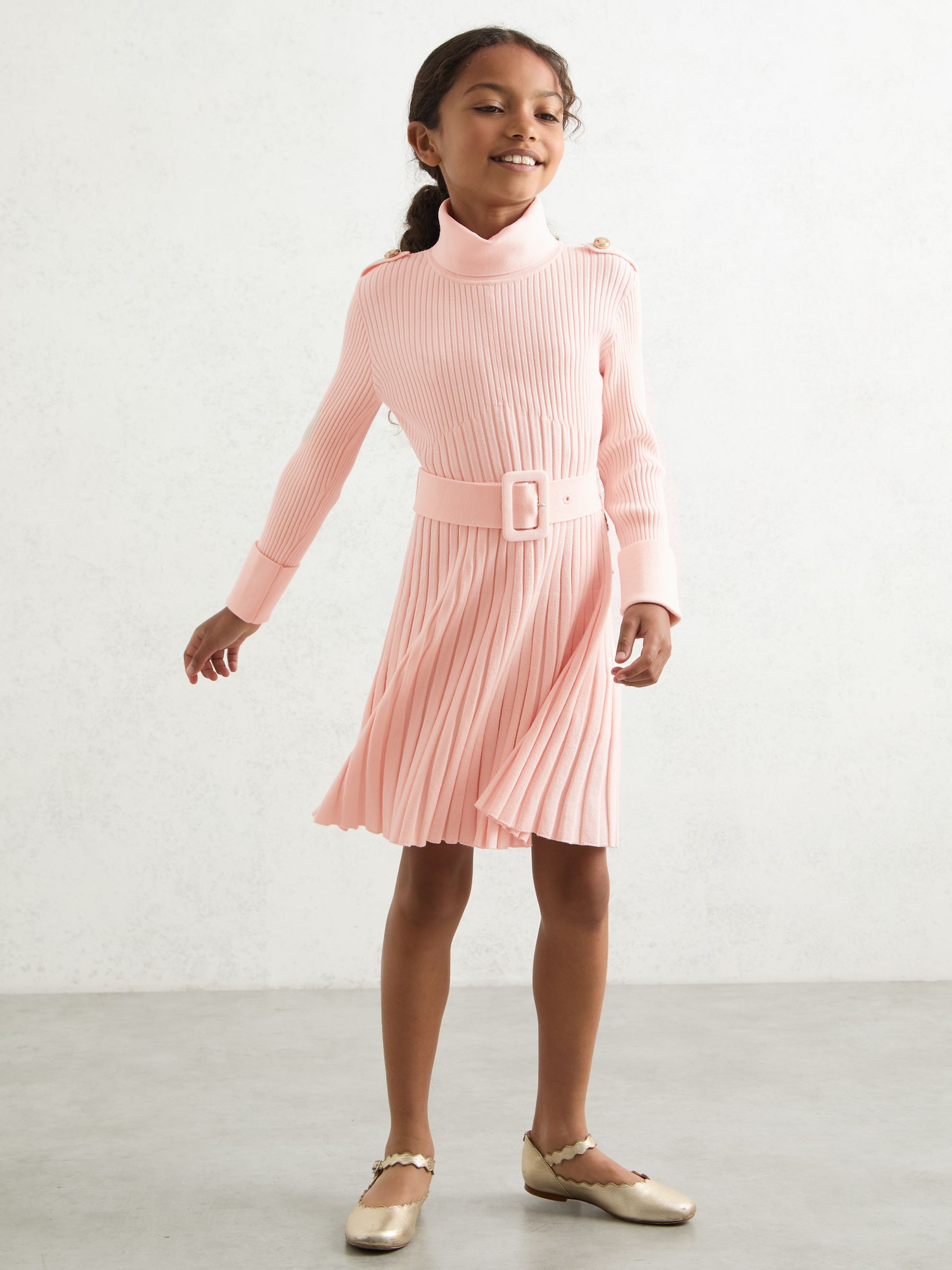 9-13 yrs Rib-Knit Roll-Neck Belted Dress in Pink - Image 1 of 4 9-13 yrs Rib-Knit Roll-Neck Belted Dress in Pink - Image 1 of 4
