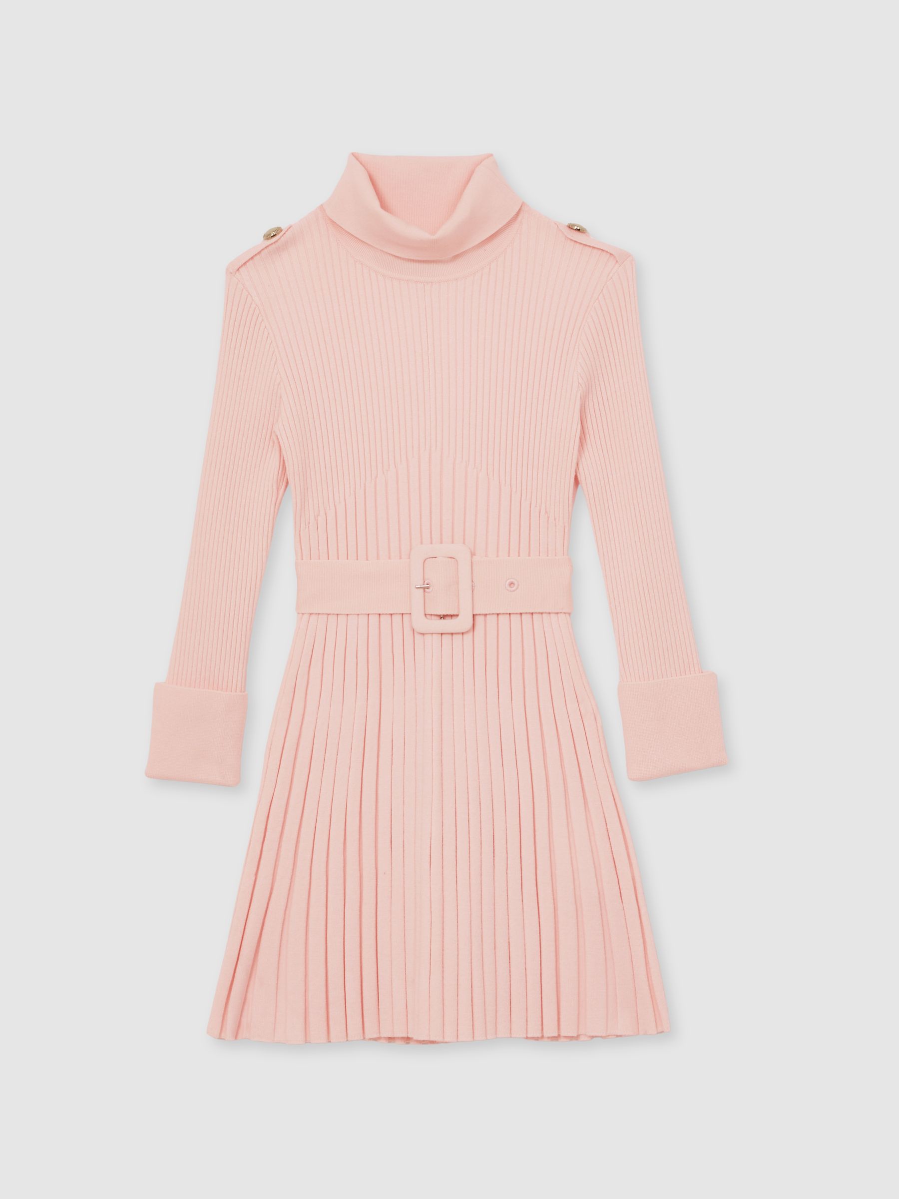 9-13 yrs Rib-Knit Roll-Neck Belted Dress in Pink - Image 2 of 4