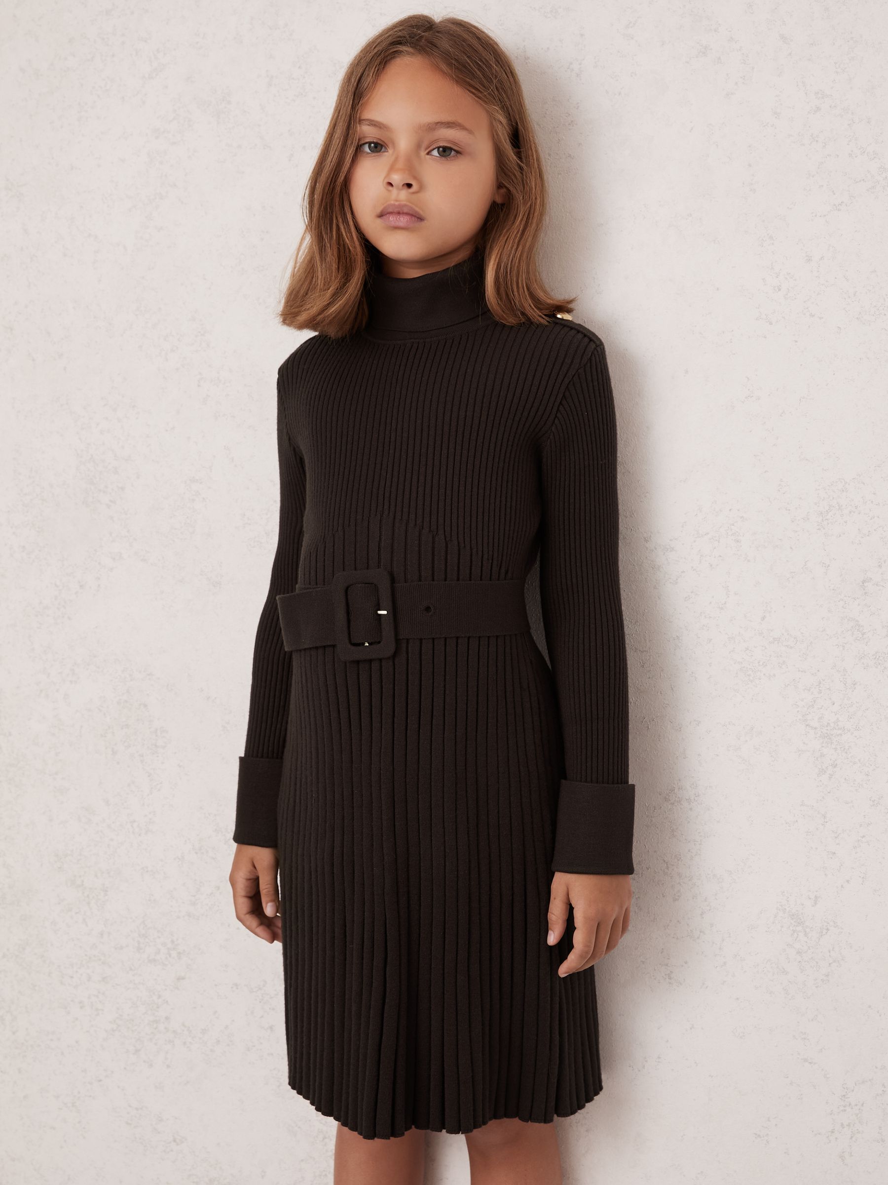 13-14 yrs Rib-Knit Roll-Neck Belted Dress in Chocolate - Image 3 of 4