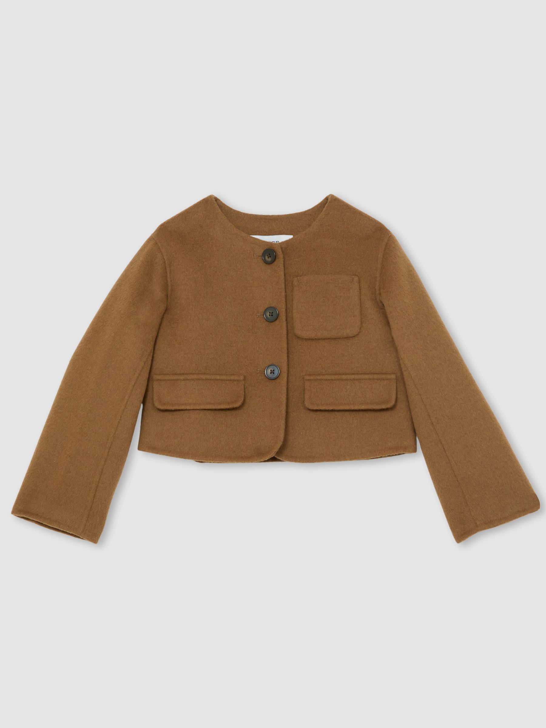 13-14 yrs Wool-Blend Cropped Collarless Jacket in Camel - Image 1 of 5