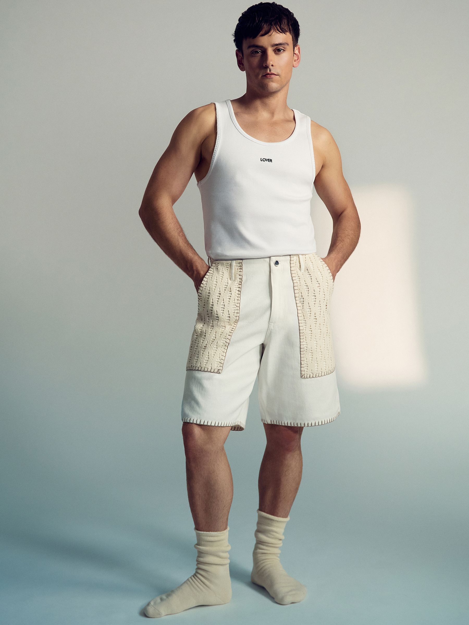 Reiss | Tom Daley Crochet Denim Shorts in Off White - Image 1 of 5