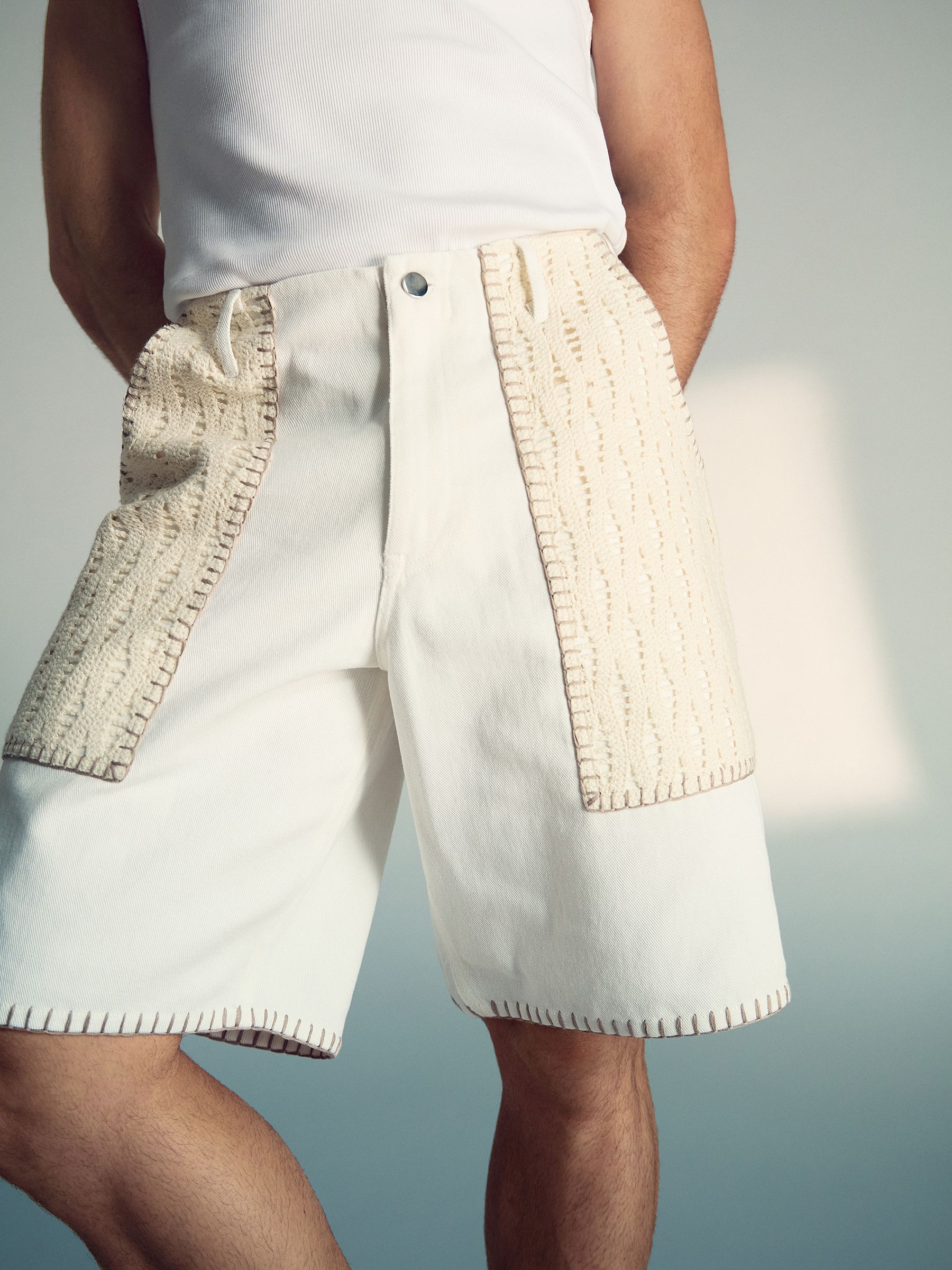Reiss | Tom Daley Crochet Denim Shorts in Off White - Image 3 of 5