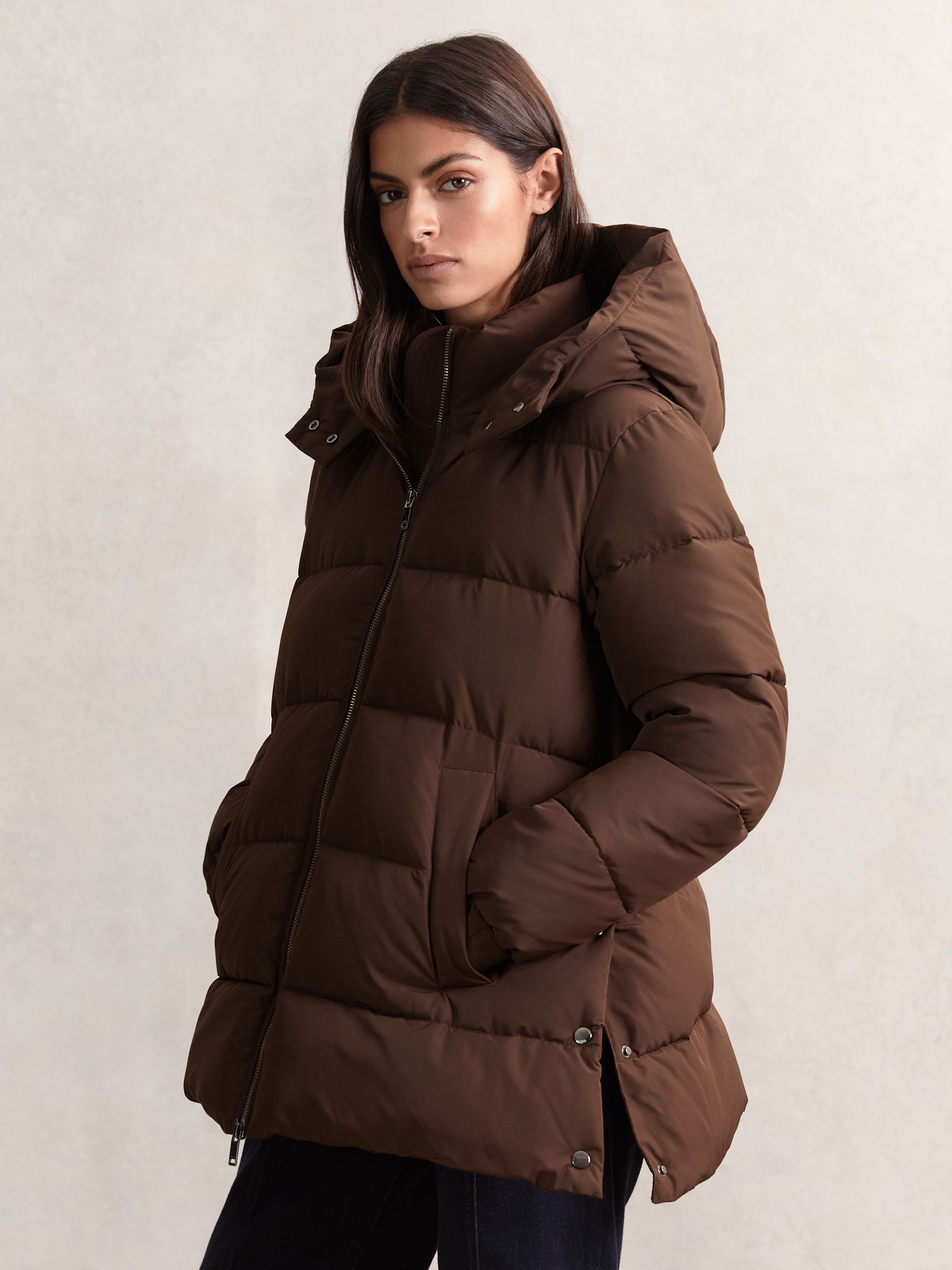 Short Hooded Puffer Coat in Chocolate Brown - Image 3 of 6