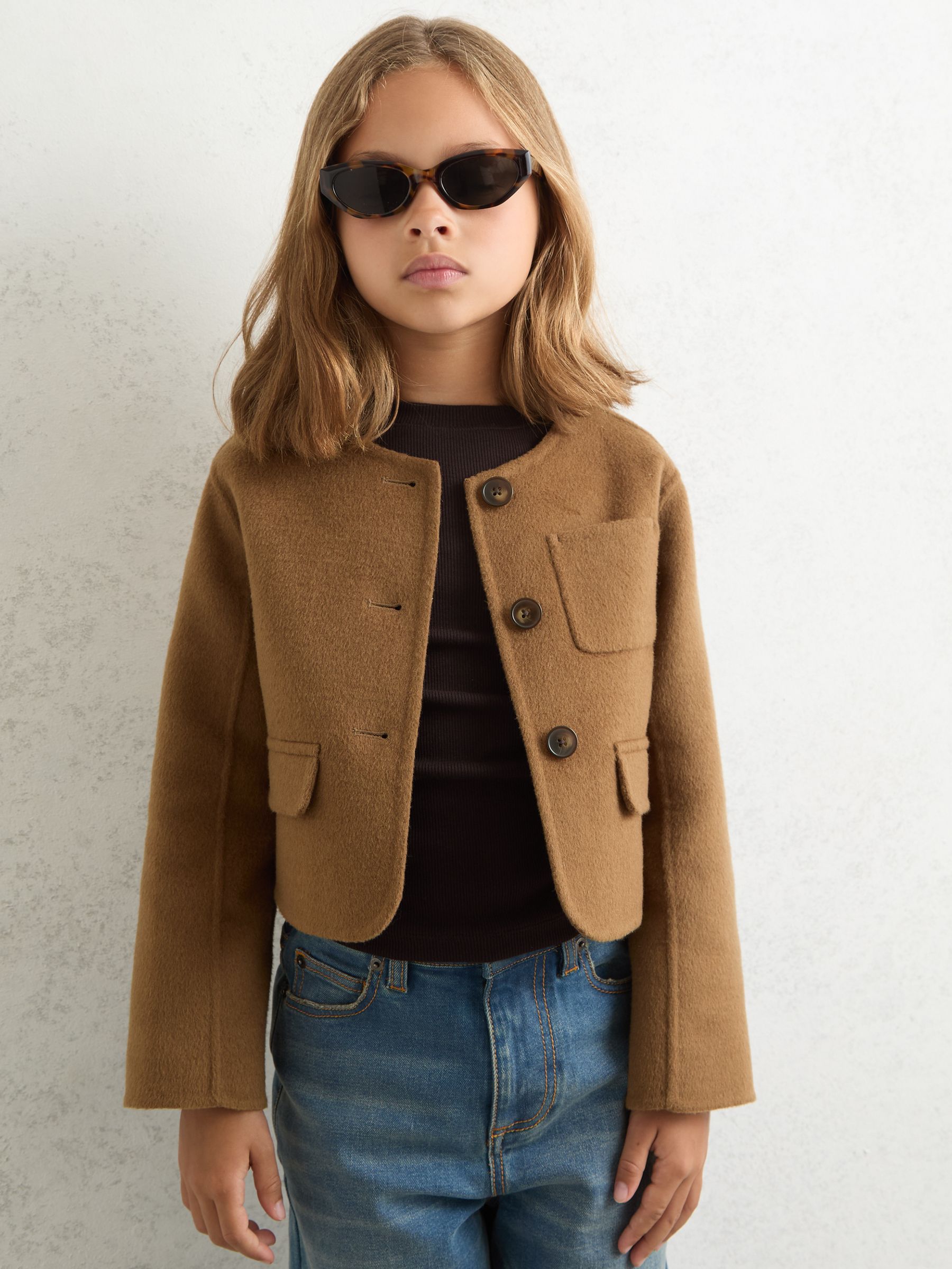 9-13 yrs Wool-Blend Cropped Collarless Jacket in Camel - Image 3 of 5