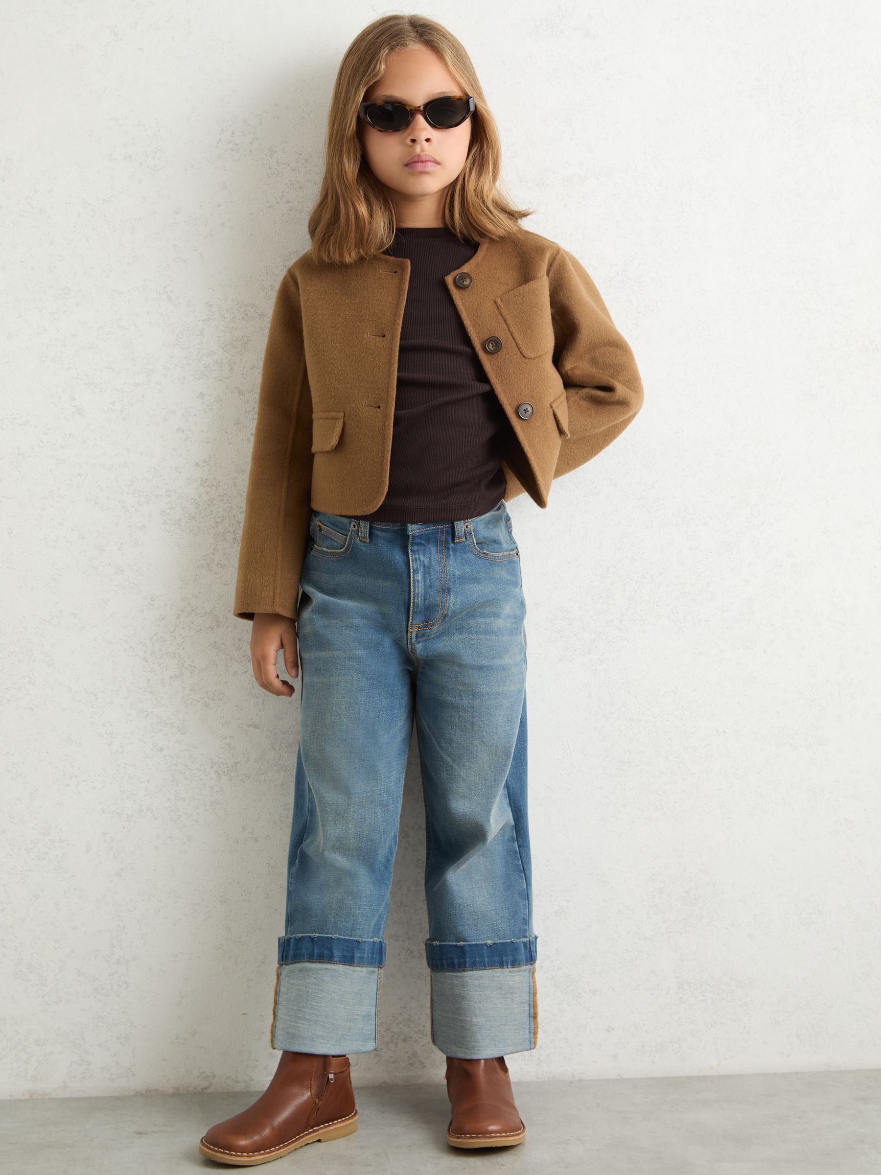 3-9 yrs Wool-Blend Cropped Collarless Jacket in Camel - Image 3 of 5