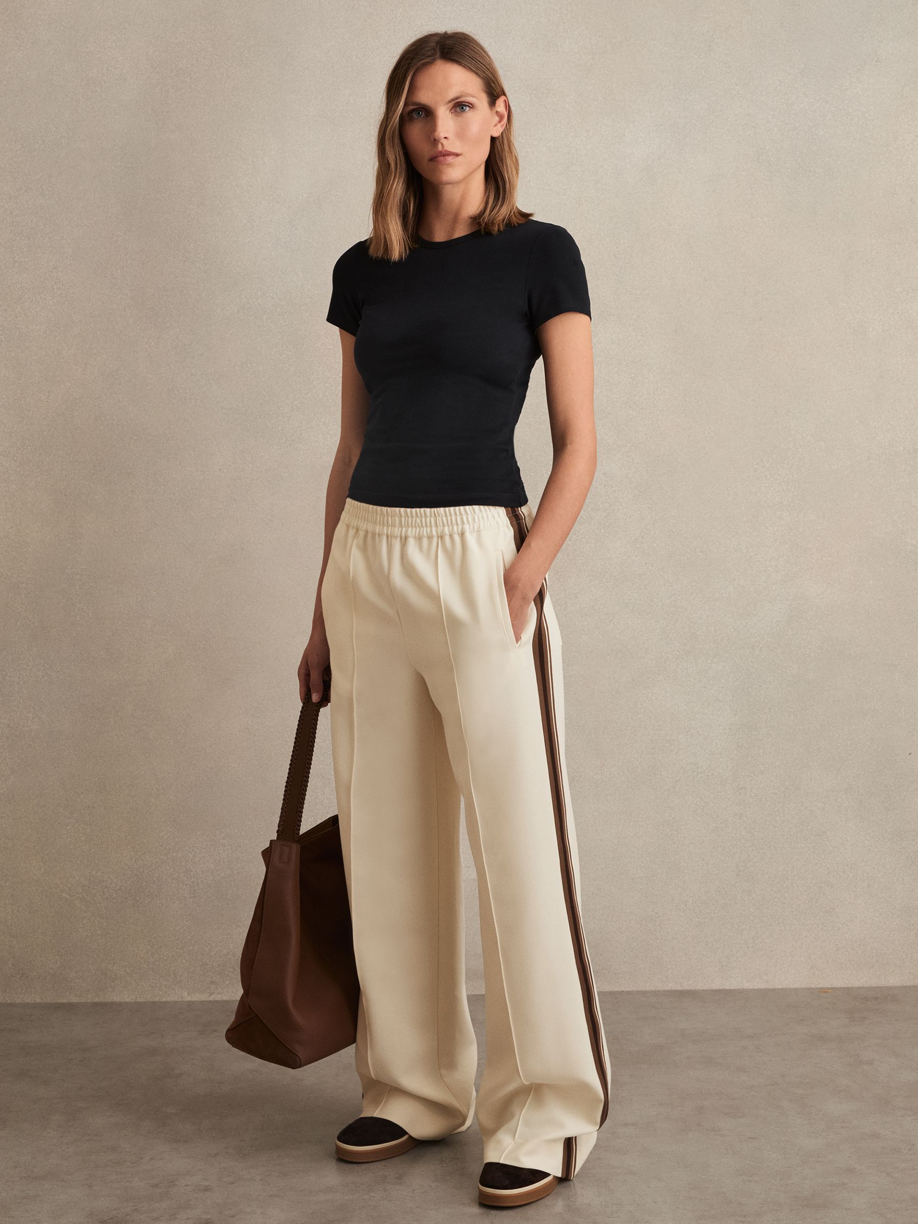 Side-Stripe Wide-Leg Trousers in Cream - Image 1 of 5 Side-Stripe Wide-Leg Trousers in Cream - Image 1 of 5