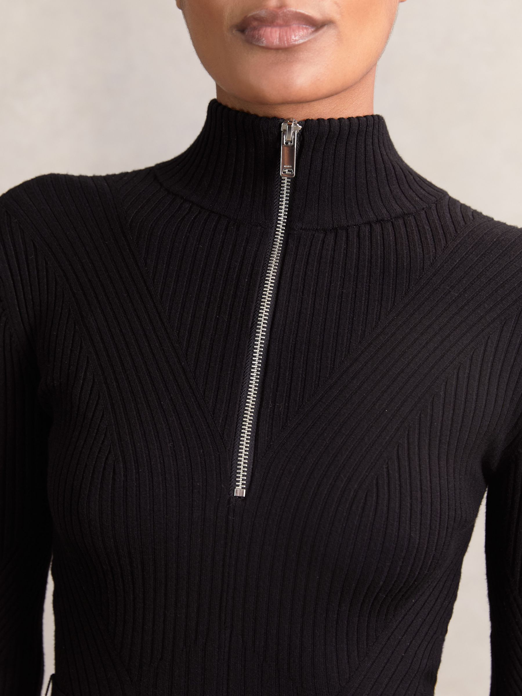 Rib-Knit Belted Half-Zip Flippy Dress in Black - Image 3 of 5