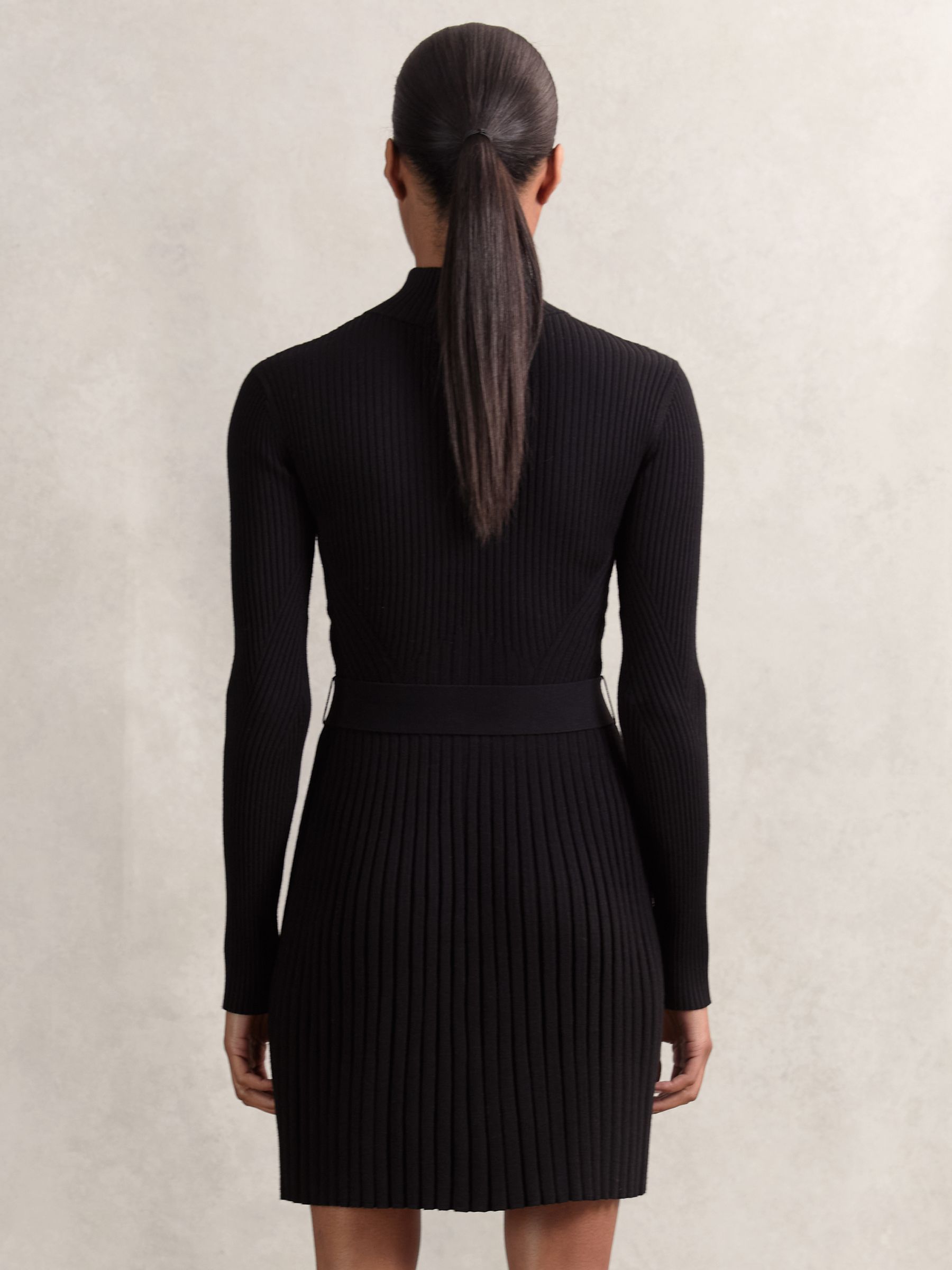 Rib-Knit Belted Half-Zip Flippy Dress in Black - Image 4 of 5