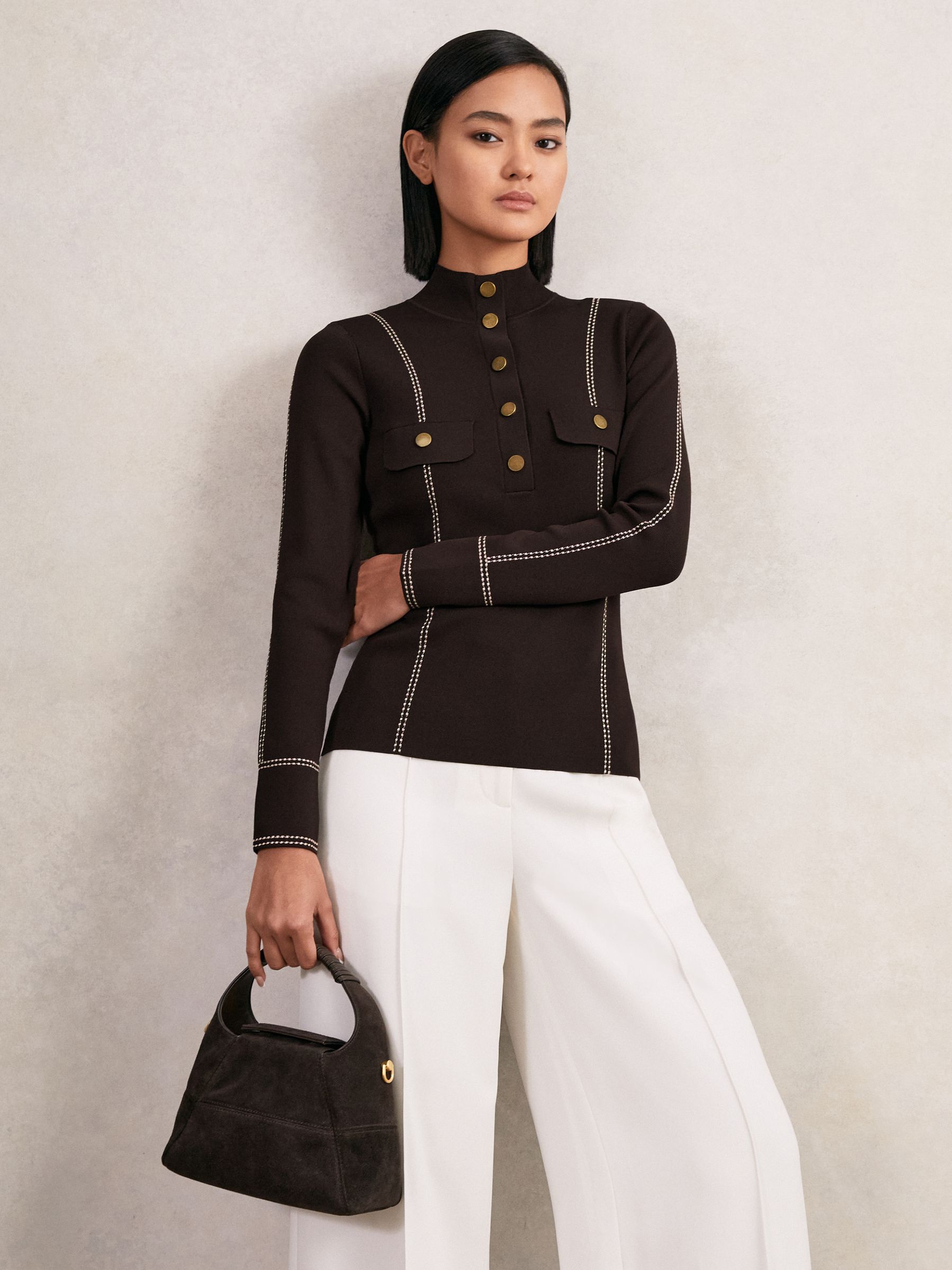Contrast-Stitch Knit Top in Burgundy - Image 1 of 6