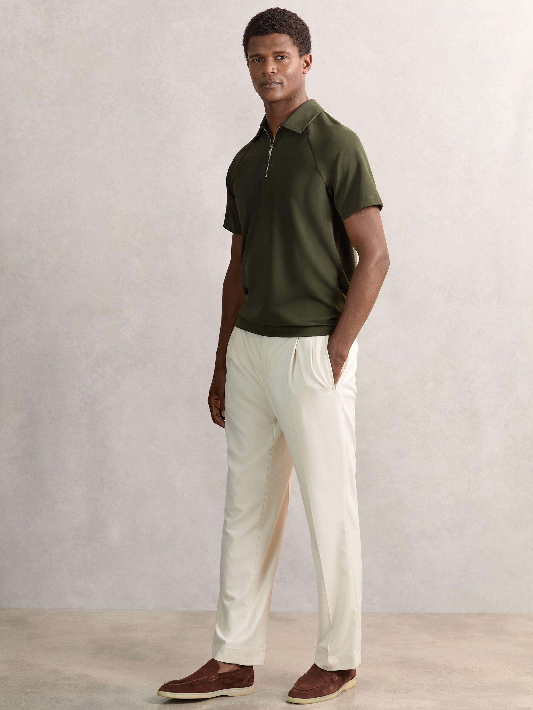 Reiss Textured Raglan Half-Zip Polo Shirt in Green | REISS