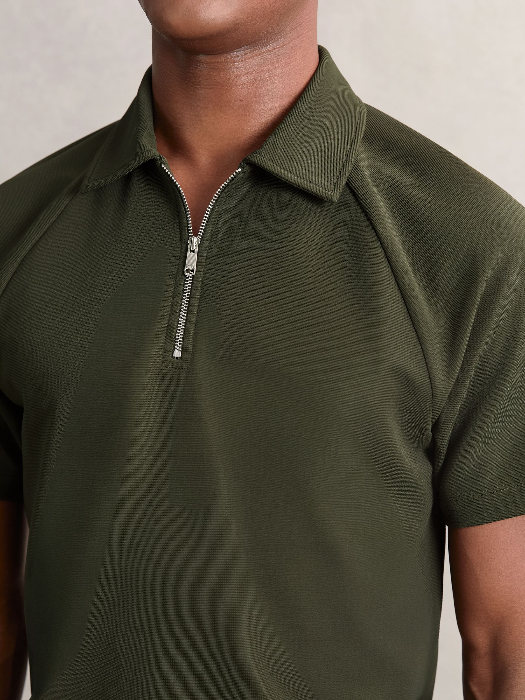 Textured Raglan Half-Zip Polo Shirt in Green - Image 4 of 6