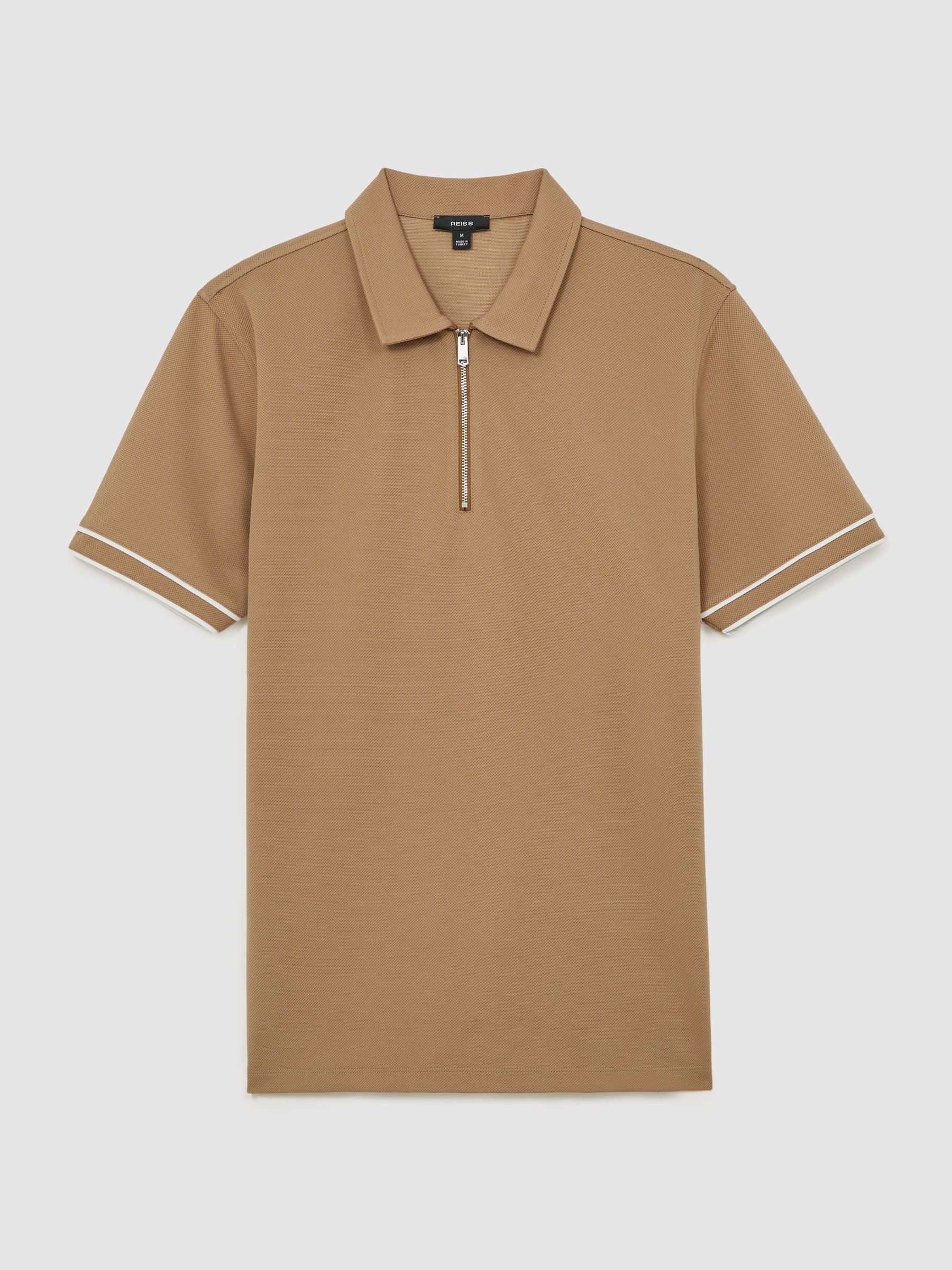 Textured Half-Zip Tipped Polo Shirt in Camel - image 1