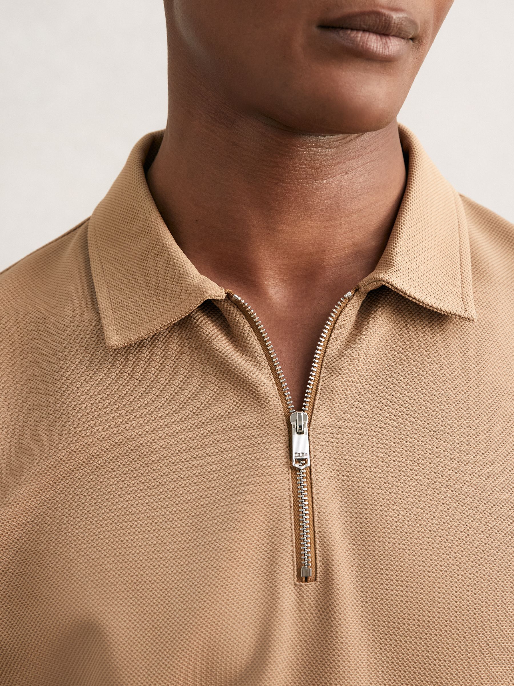 Textured Half-Zip Tipped Polo Shirt in Camel - image 3