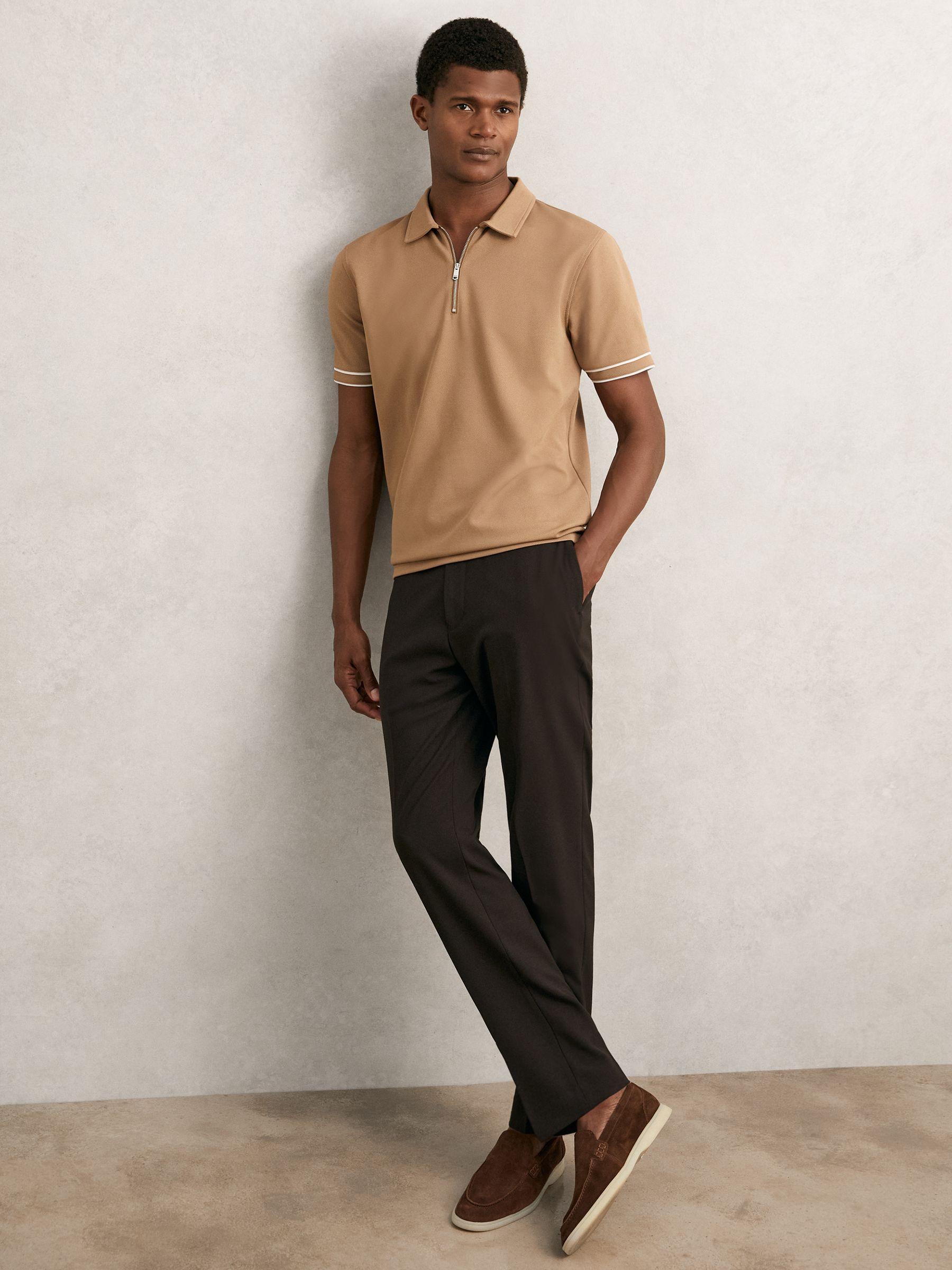 Textured Half-Zip Tipped Polo Shirt in Camel - image 4