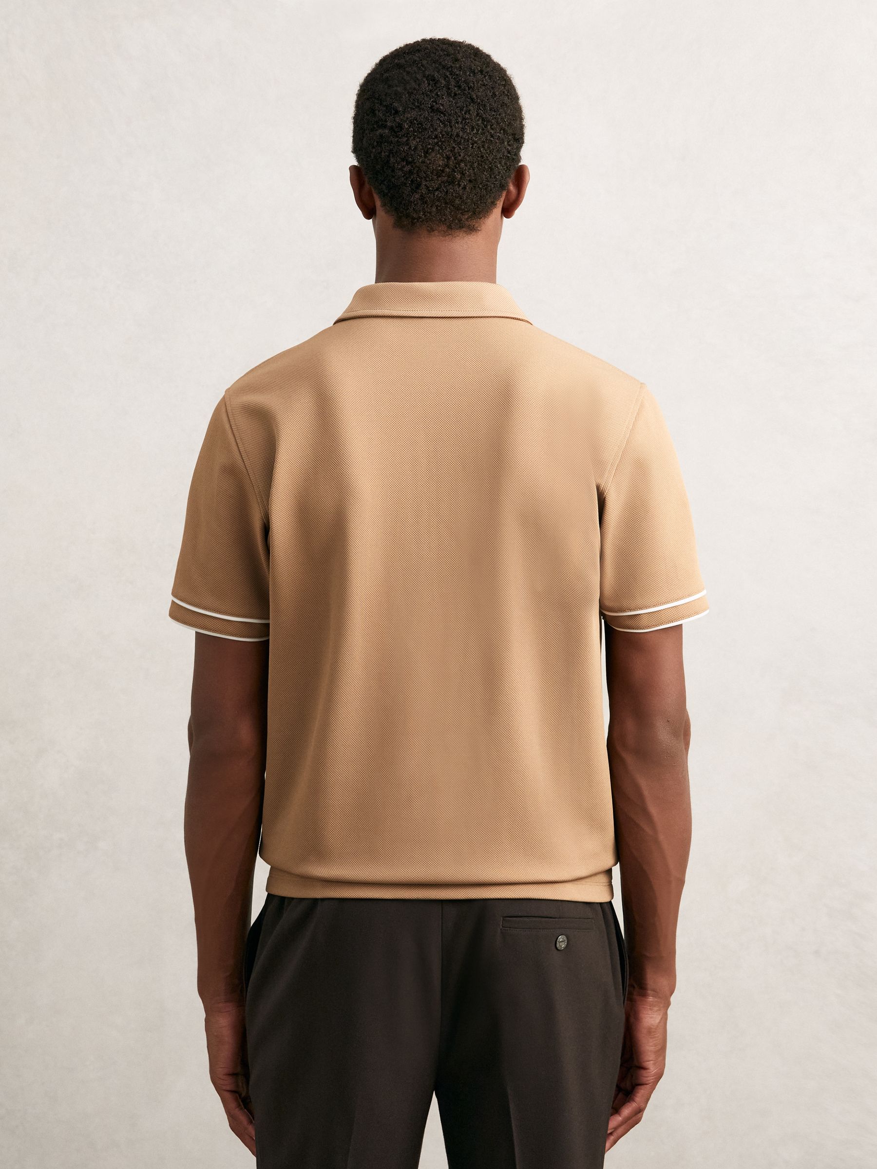 Textured Half-Zip Tipped Polo Shirt in Camel - image 5