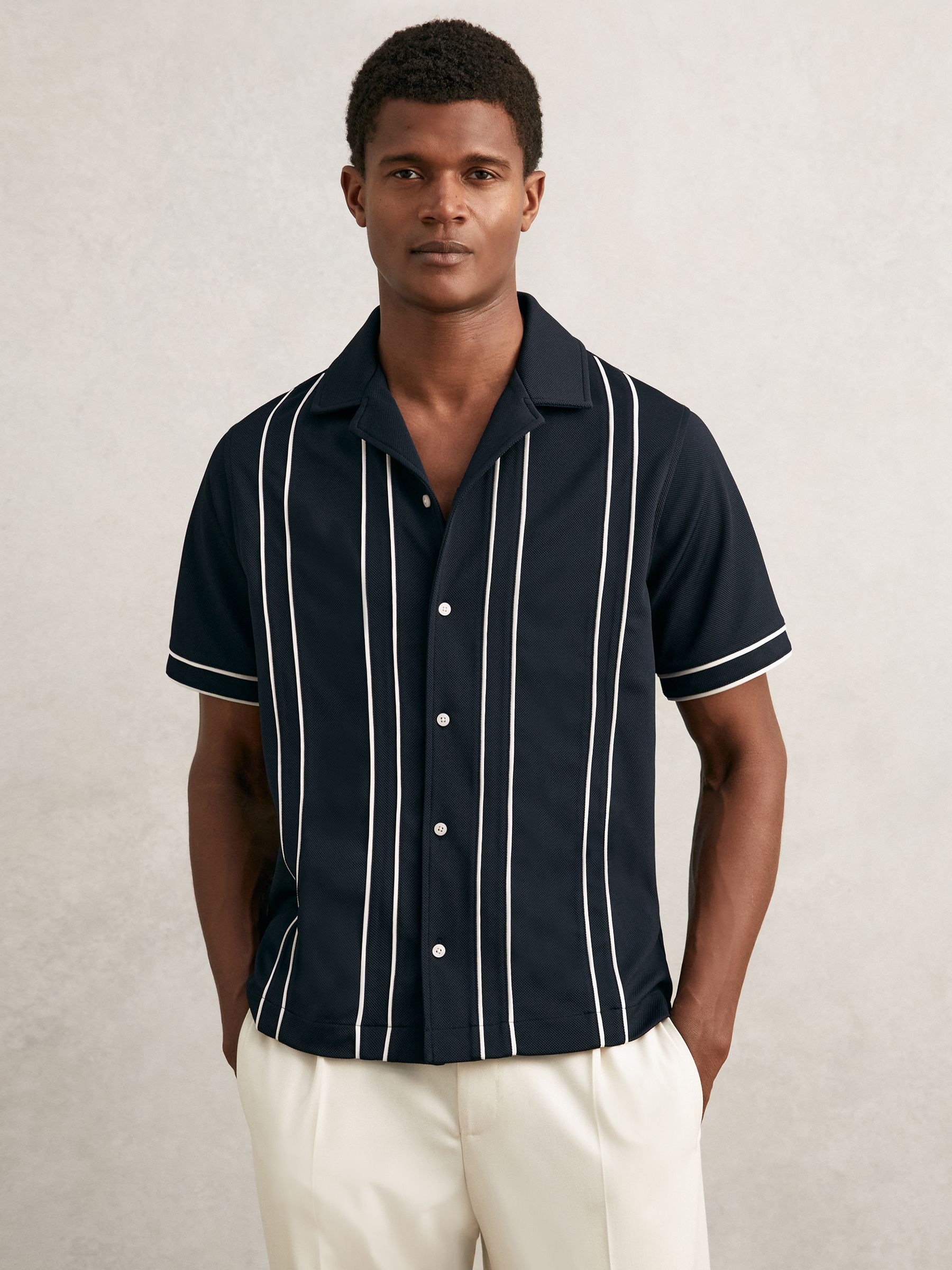Piped-Stripe Cuban-Collar Shirt in Navy/White - Image 1 of 5 Piped-Stripe Cuban-Collar Shirt in Navy/White - Image 1 of 5