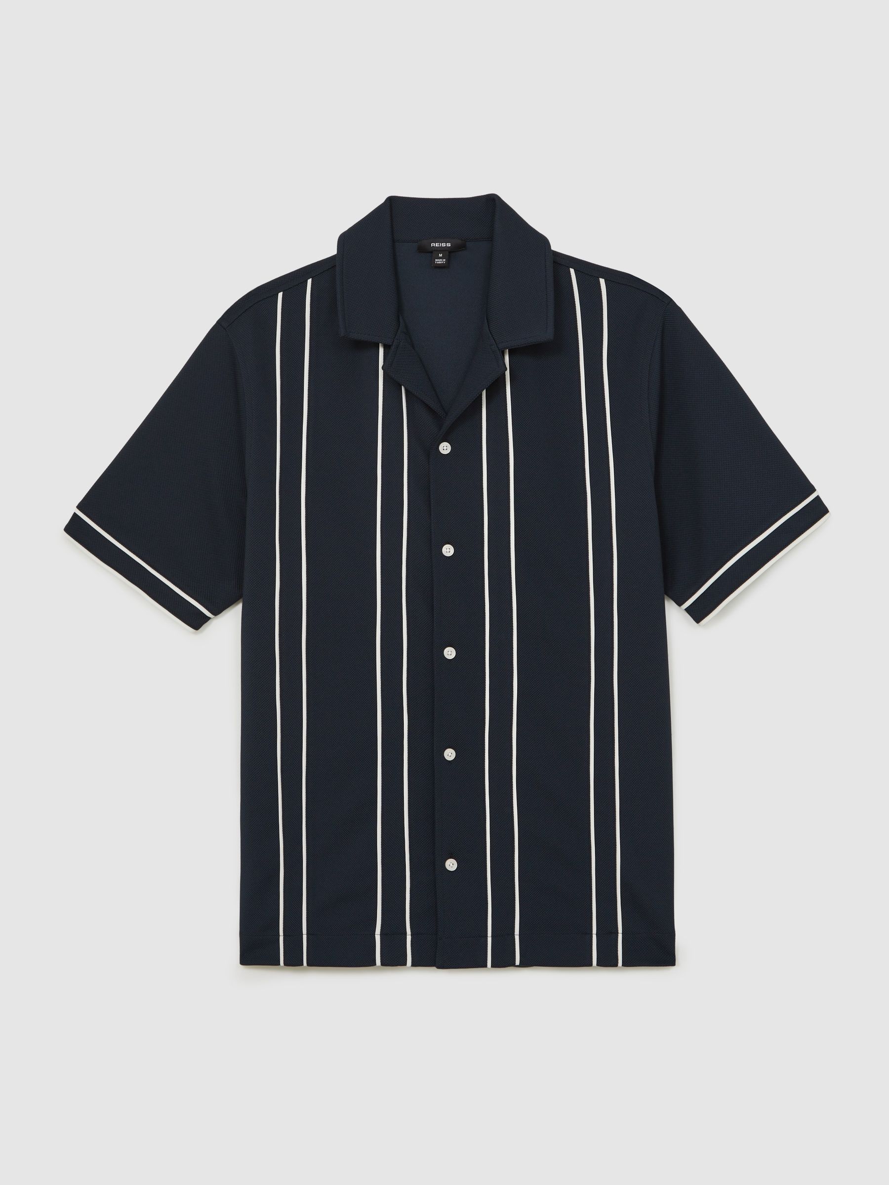 Piped-Stripe Cuban-Collar Shirt in Navy/White - Image 2 of 5