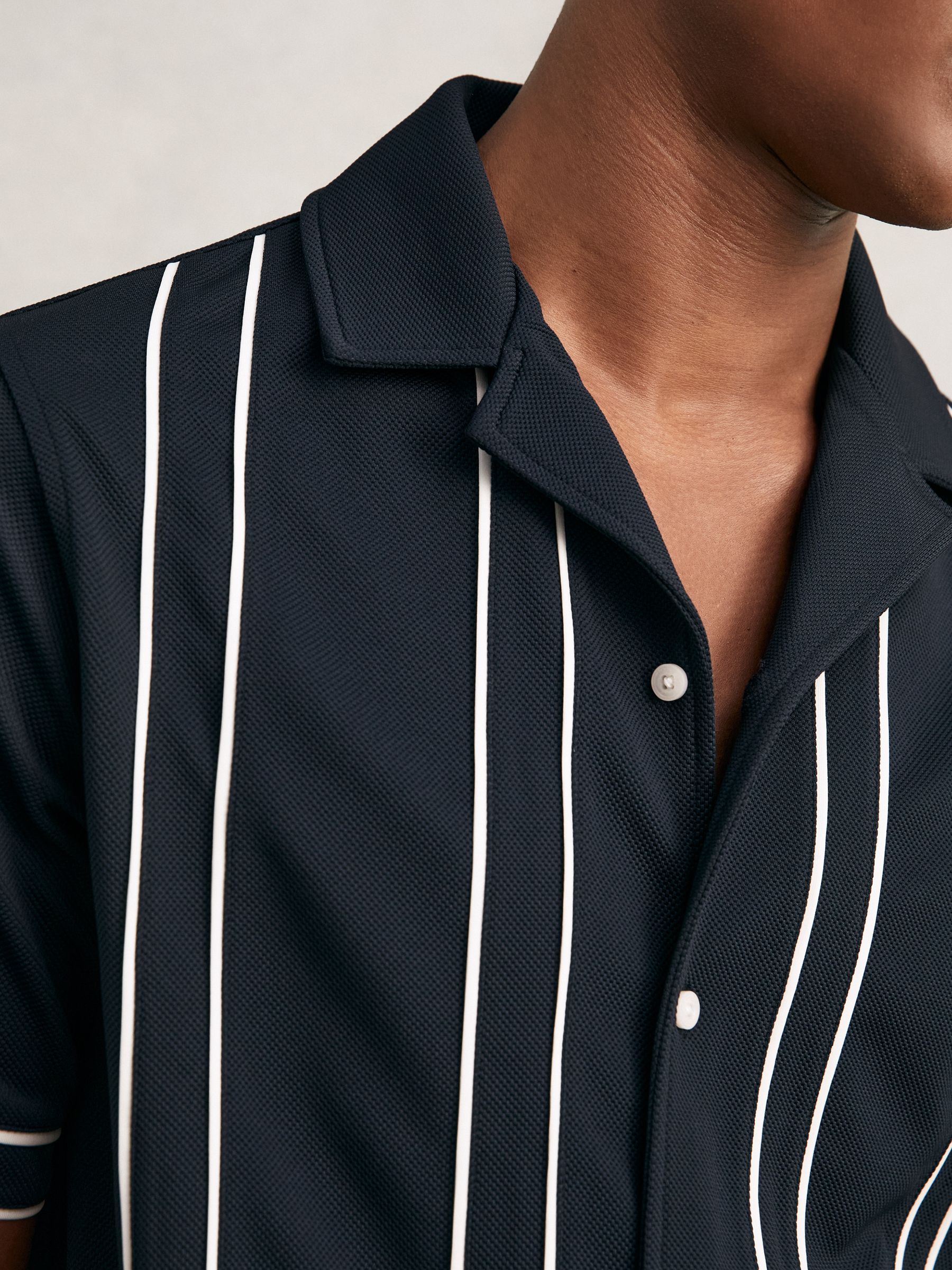 Piped-Stripe Cuban-Collar Shirt in Navy/White - Image 3 of 5