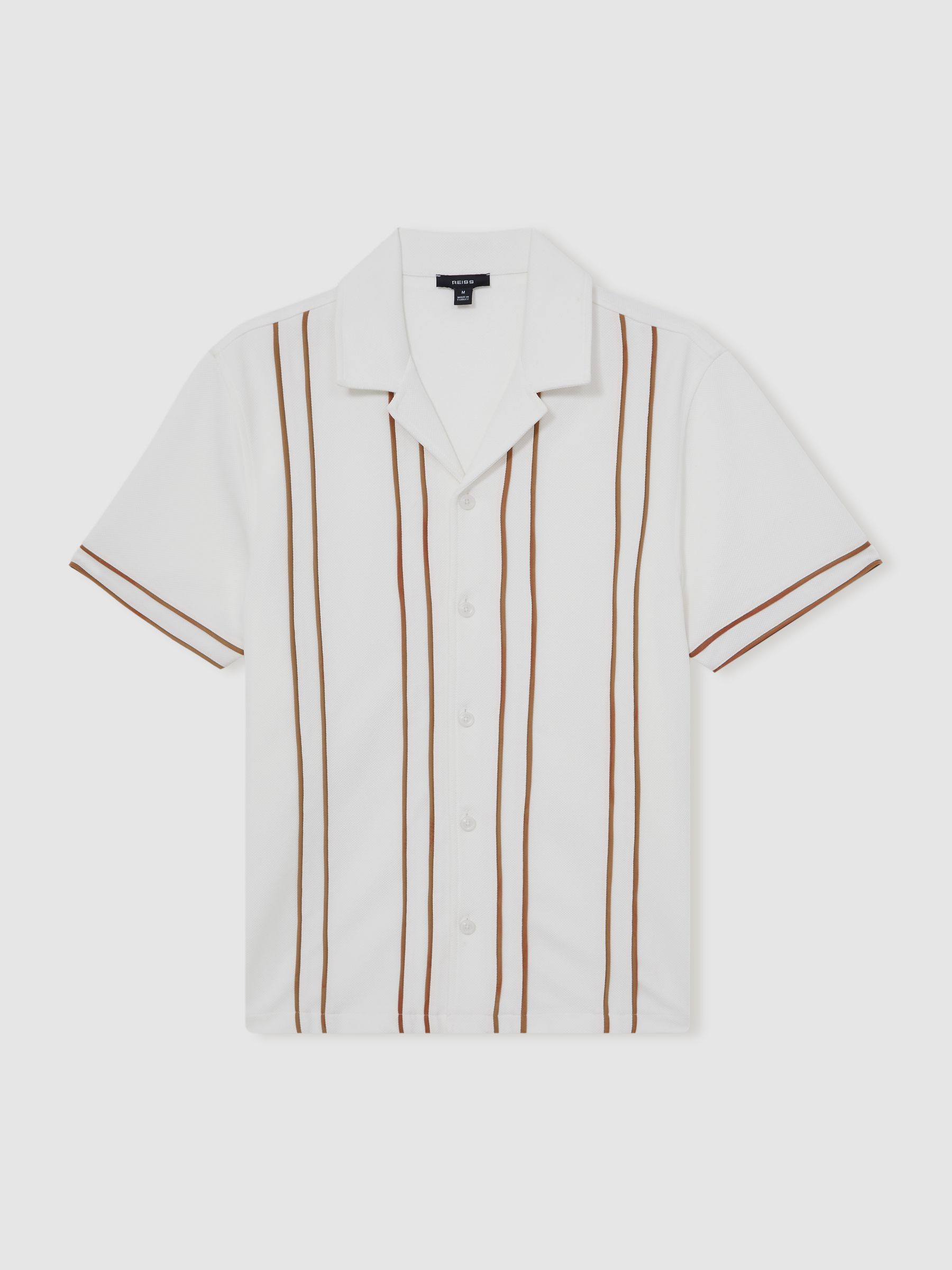 Piped-Stripe Cuban-Collar Shirt in White/Camel - Image 2 of 6