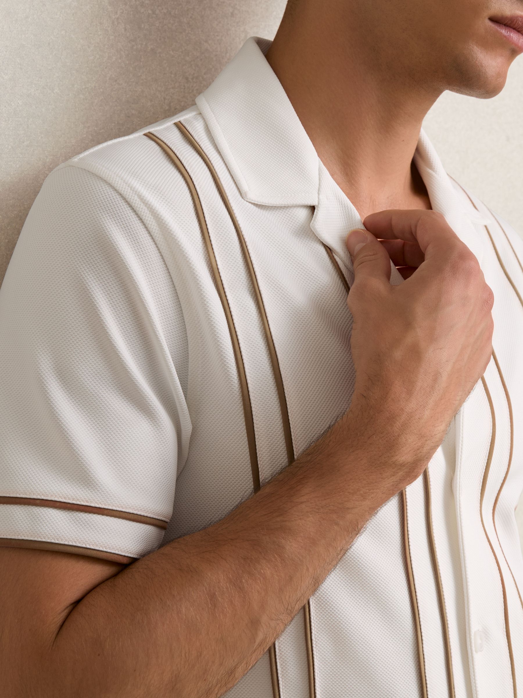 Piped-Stripe Cuban-Collar Shirt in White/Camel - Image 4 of 6