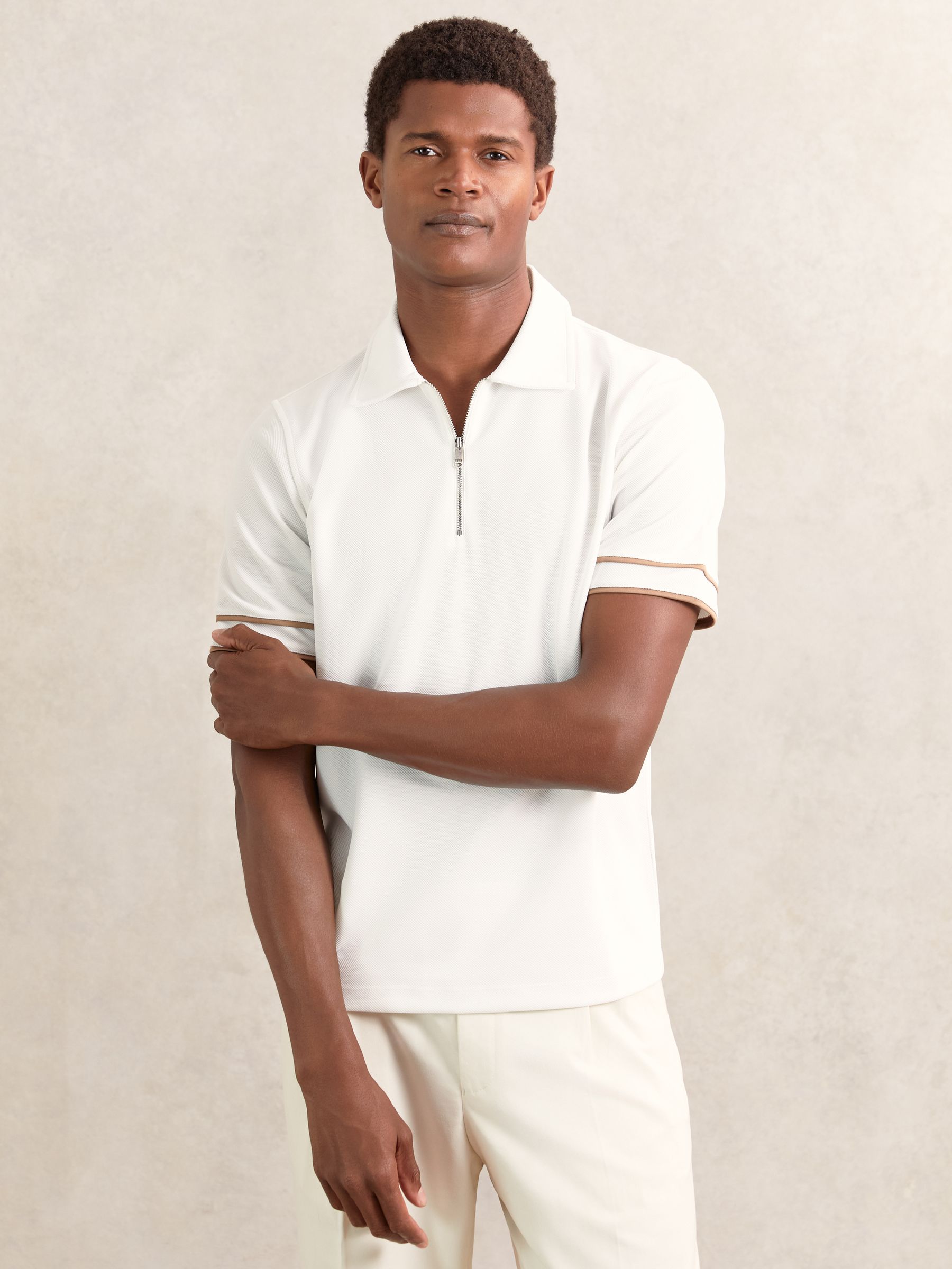 Textured Half-Zip Tipped Polo Shirt in White - Image 1 of 5
