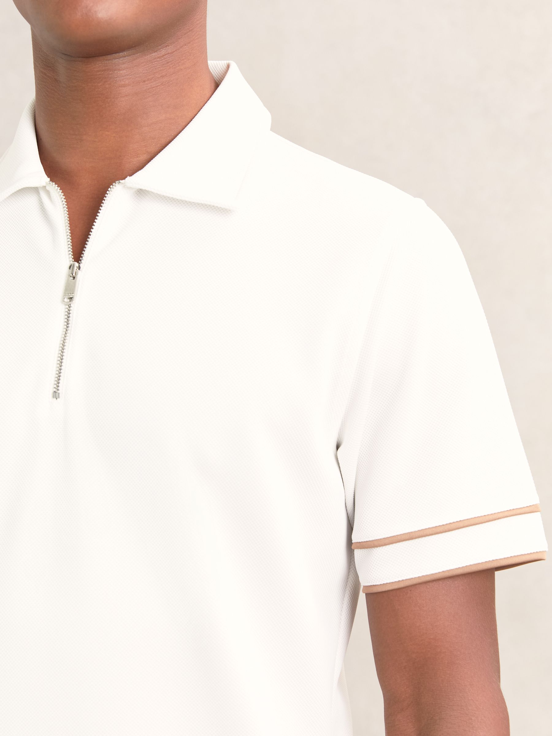 Textured Half-Zip Tipped Polo Shirt in White - Image 3 of 5