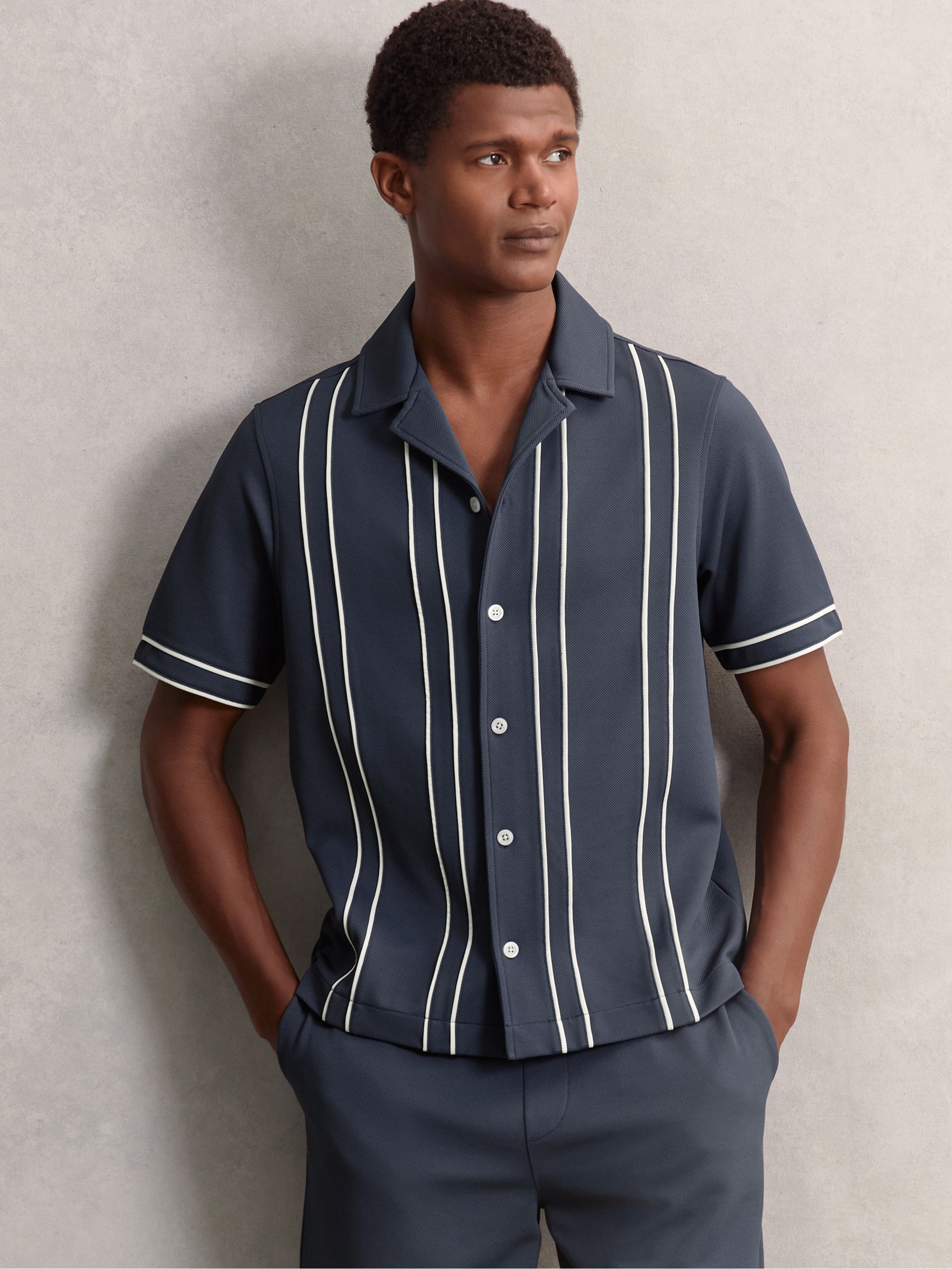Piped-Stripe Cuban-Collar Shirt in Airforce Blue - Image 1 of 6